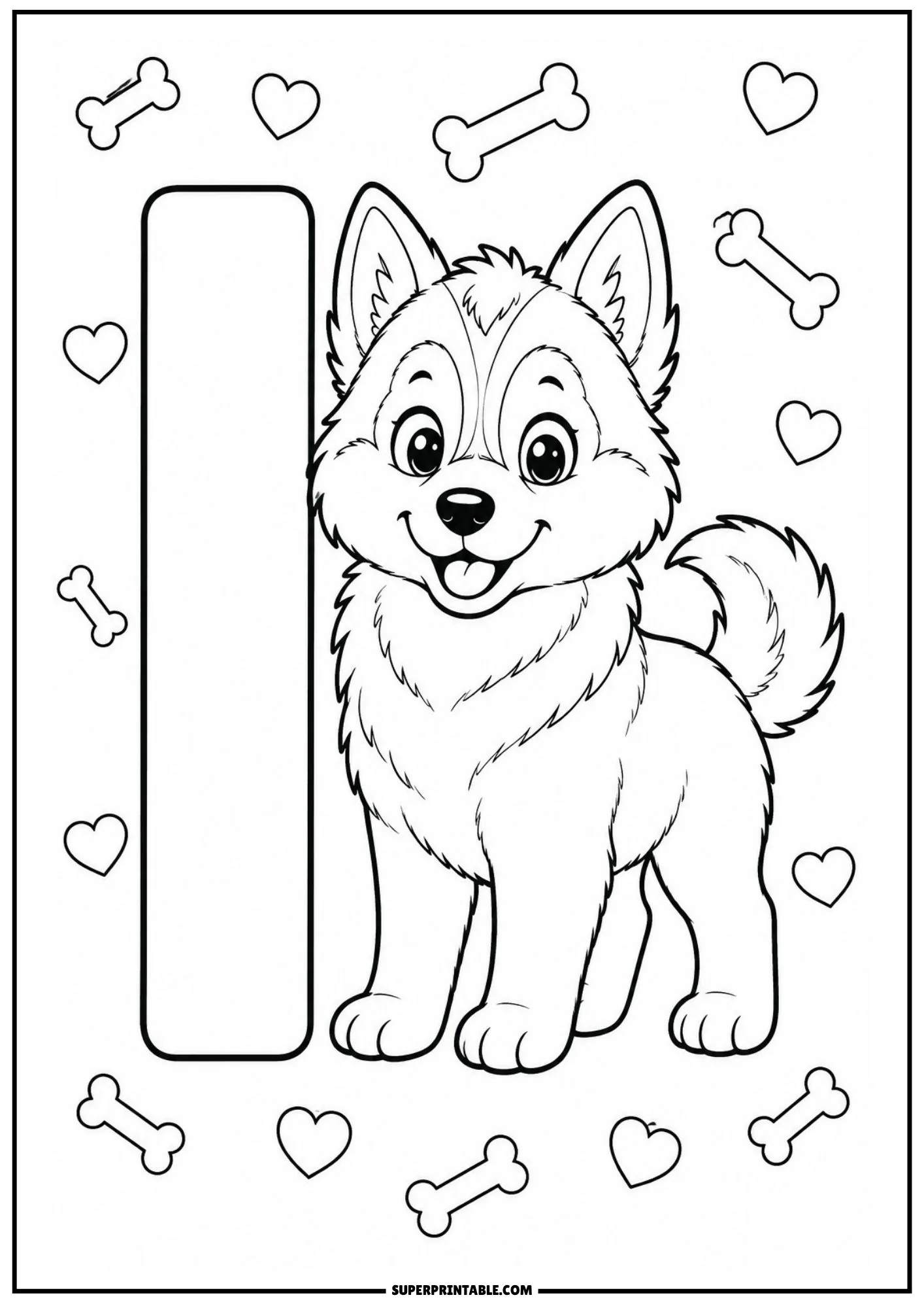 siberian husky alphabet coloring pages with letter I and standing puppy.
