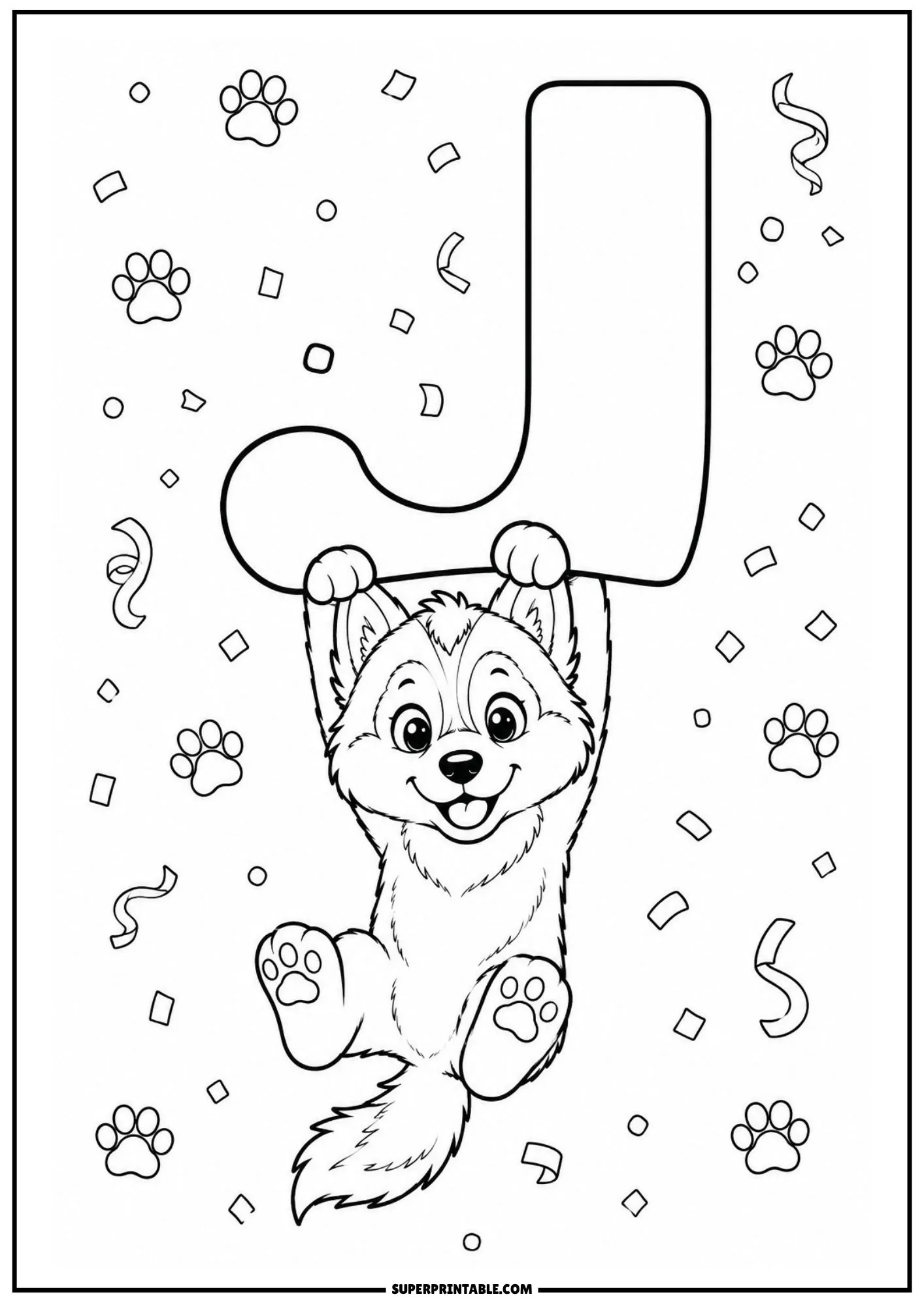 Letter J coloring page featuring a cute Siberian husky puppy hanging on the letter.