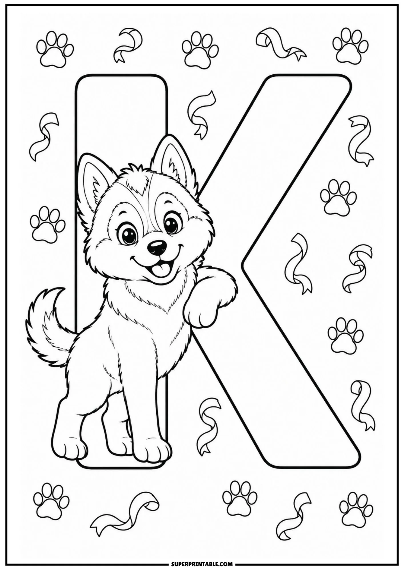 Line art of letter K featuring a cheerful Siberian husky puppy resting its paw.