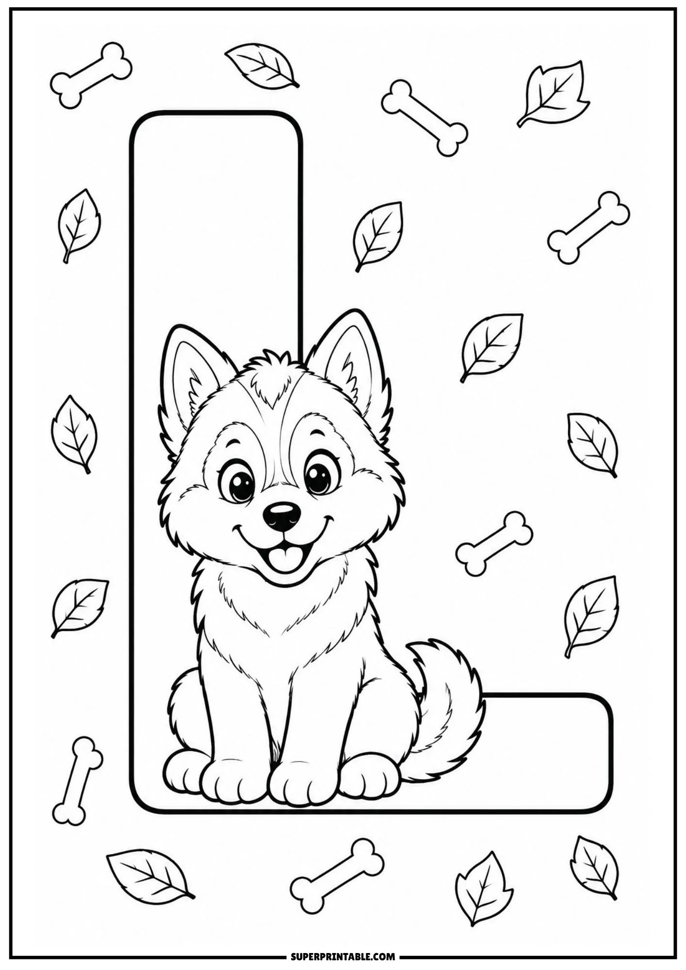 Coloring sheet of letter L showing a sitting Siberian husky puppy with leaves.