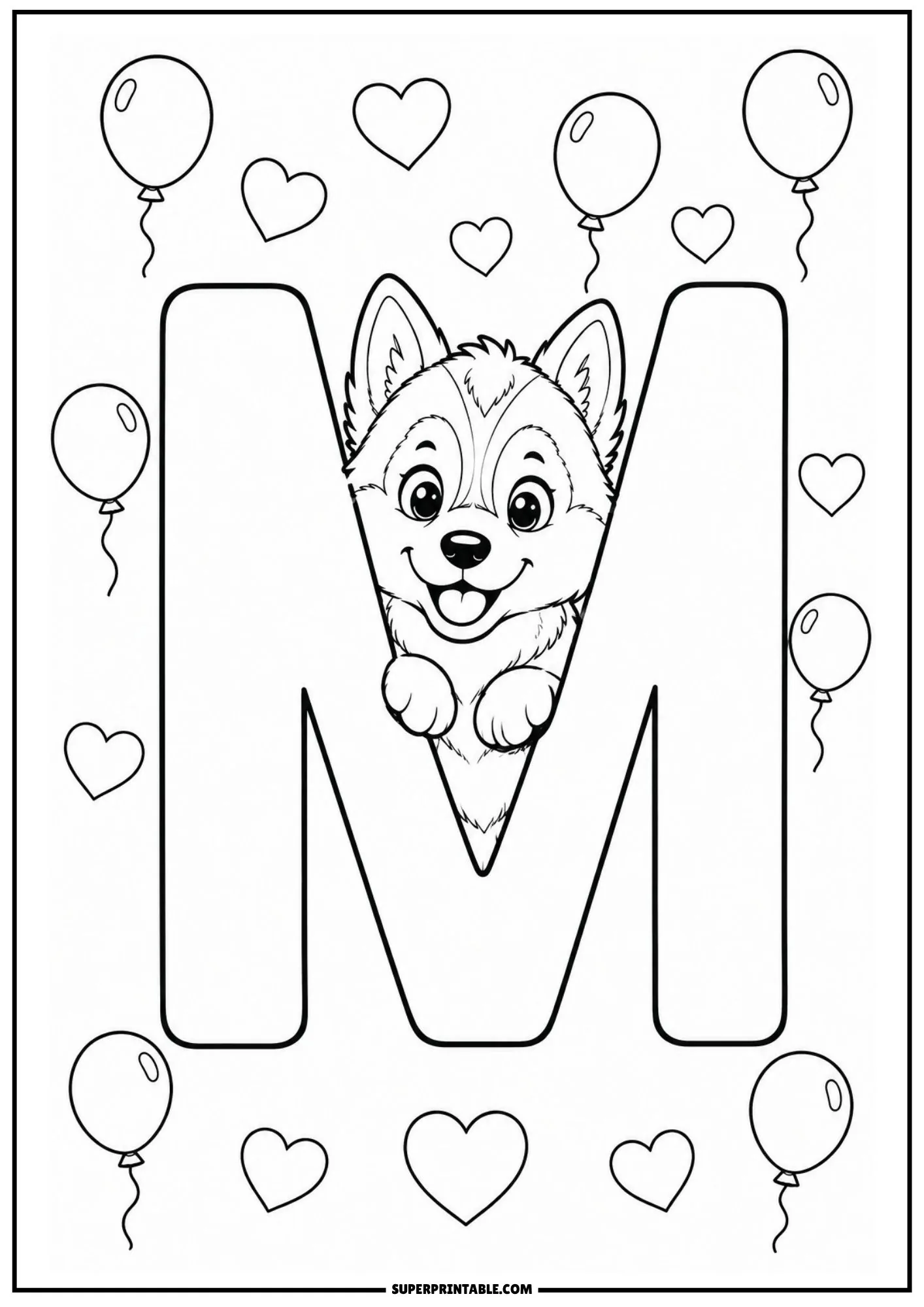 Peeking Siberian husky puppy inside a large letter M with balloons and hearts.