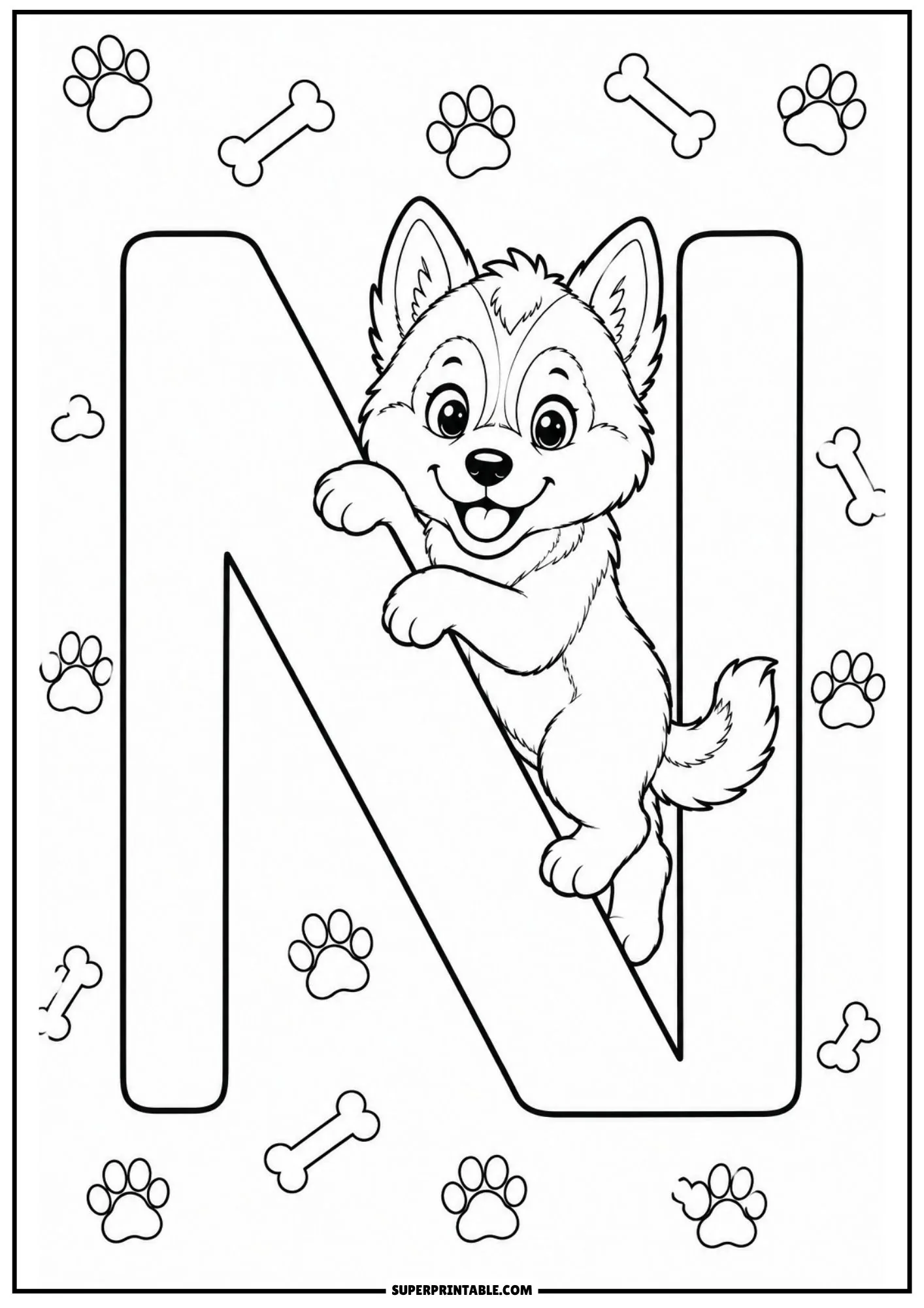 Printable line art showing a Siberian husky puppy climbing a large letter N.