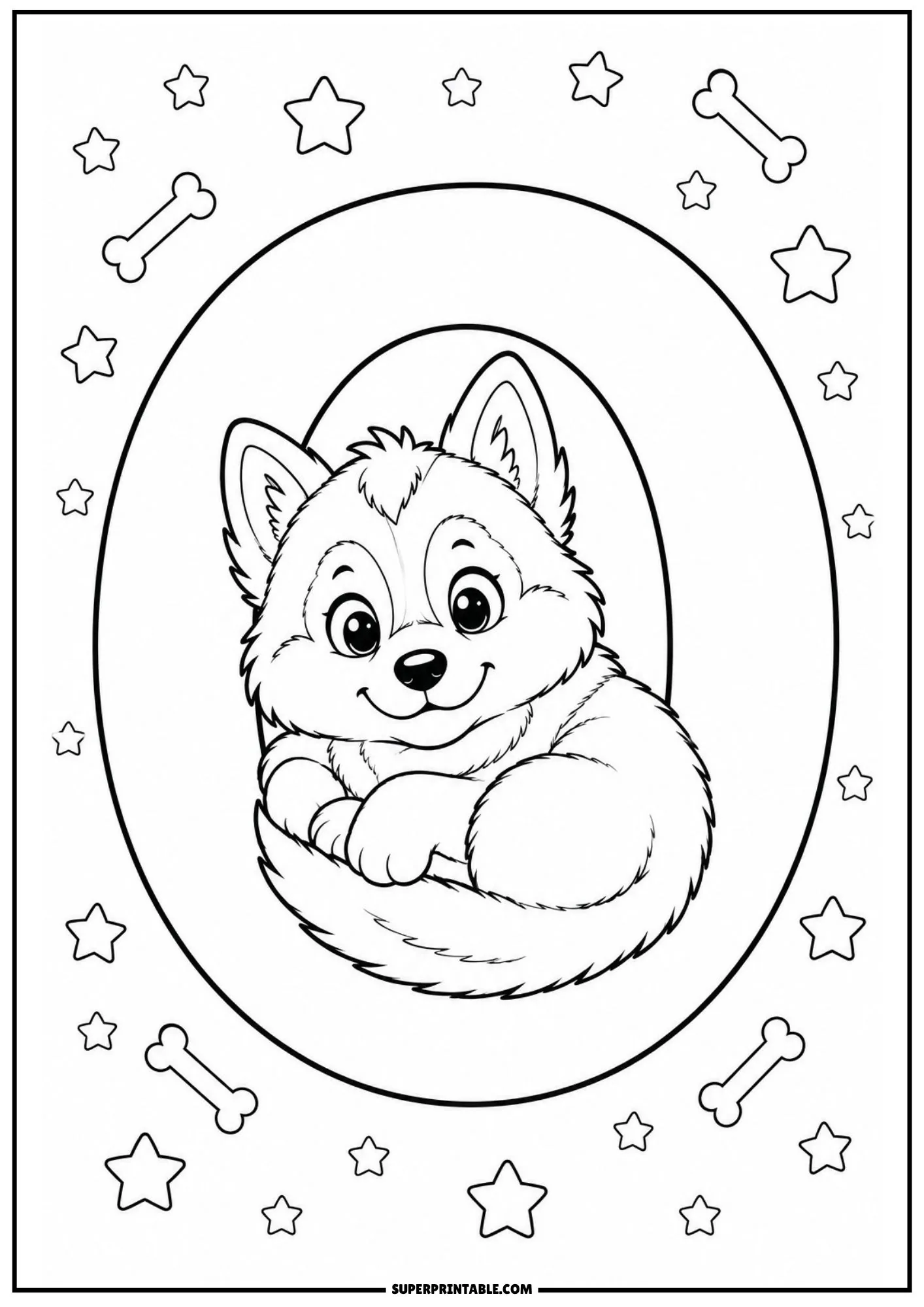 Coloring page of letter O with a fluffy Siberian husky puppy curled up inside.