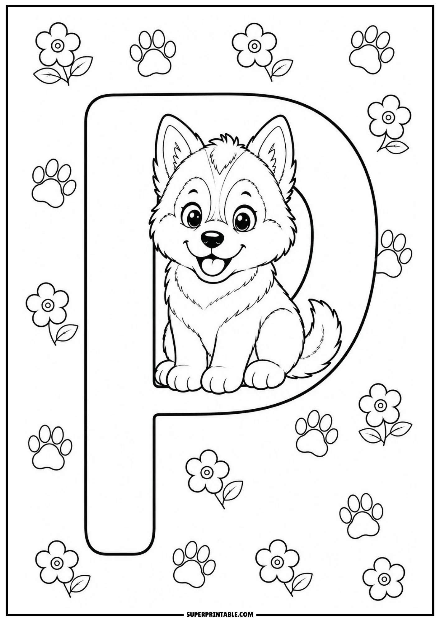 Siberian husky puppy sitting inside a large letter P with flowers and paws.