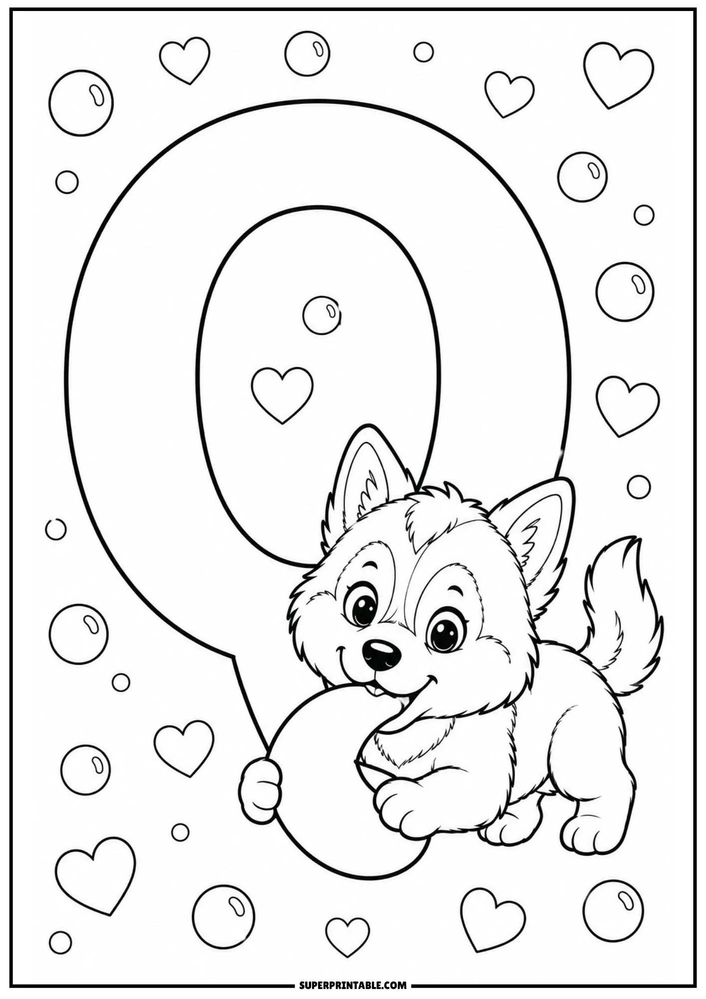 Printable coloring page of letter Q with a Siberian husky puppy holding the loop.