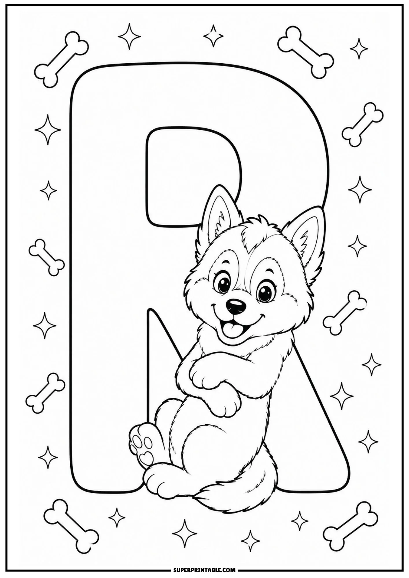 Coloring page of letter R featuring a husky puppy hugging the diagonal stem.