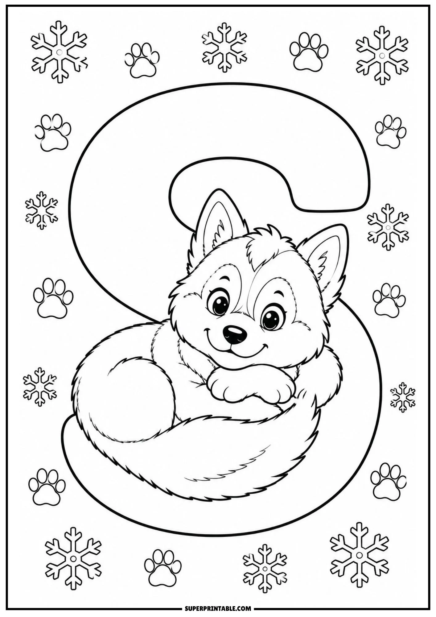Letter S coloring page with a fluffy Siberian husky puppy nestled in the curve.