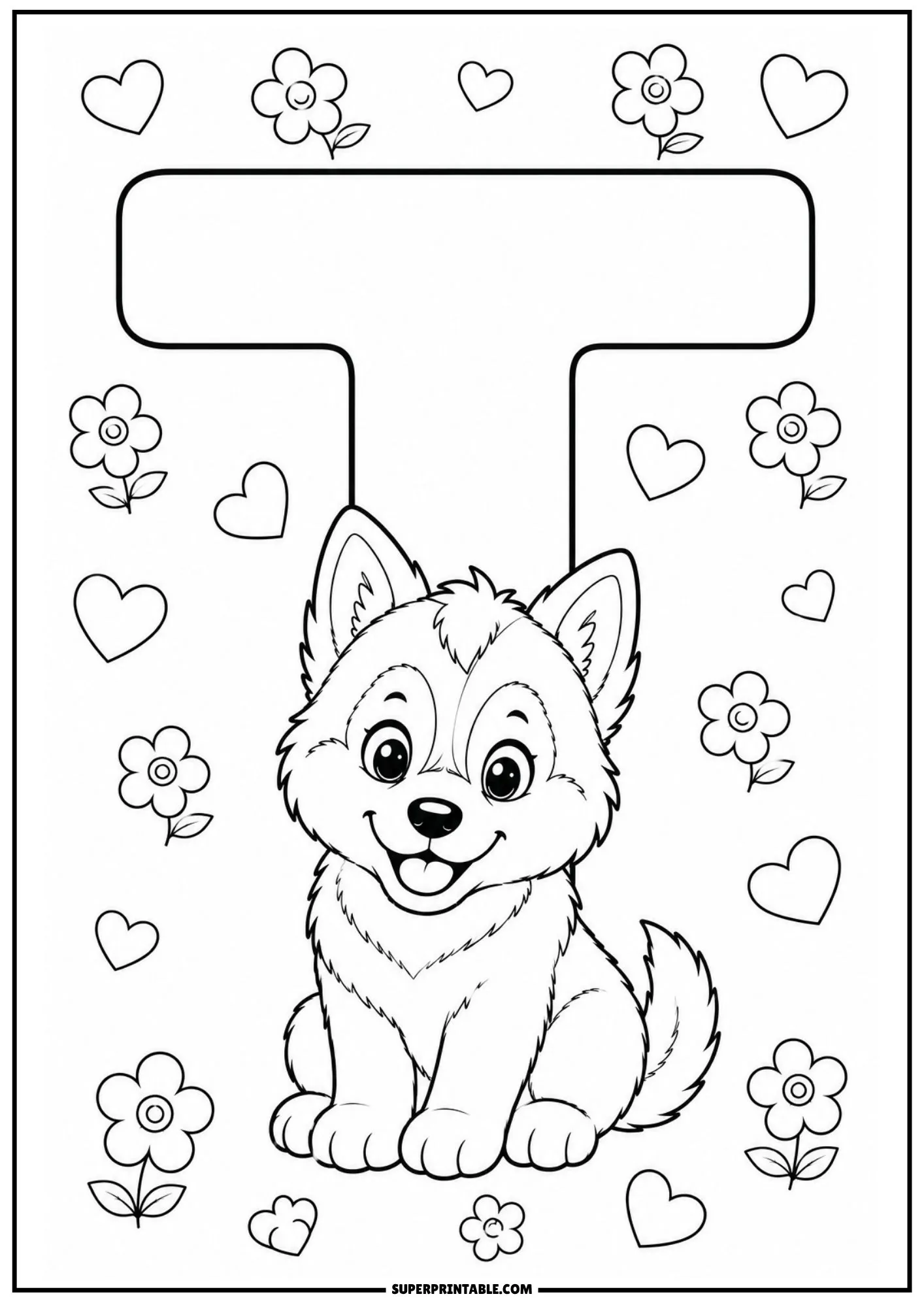 Printable coloring page of letter T with a Siberian husky puppy sitting below.
