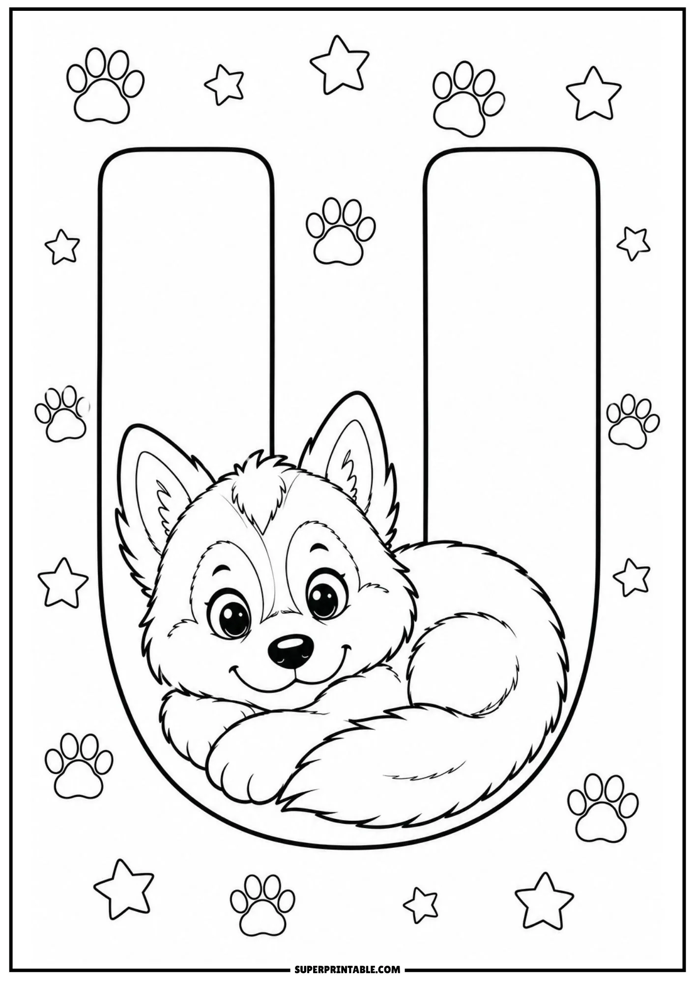 Coloring page of letter U featuring a Siberian husky puppy resting inside.