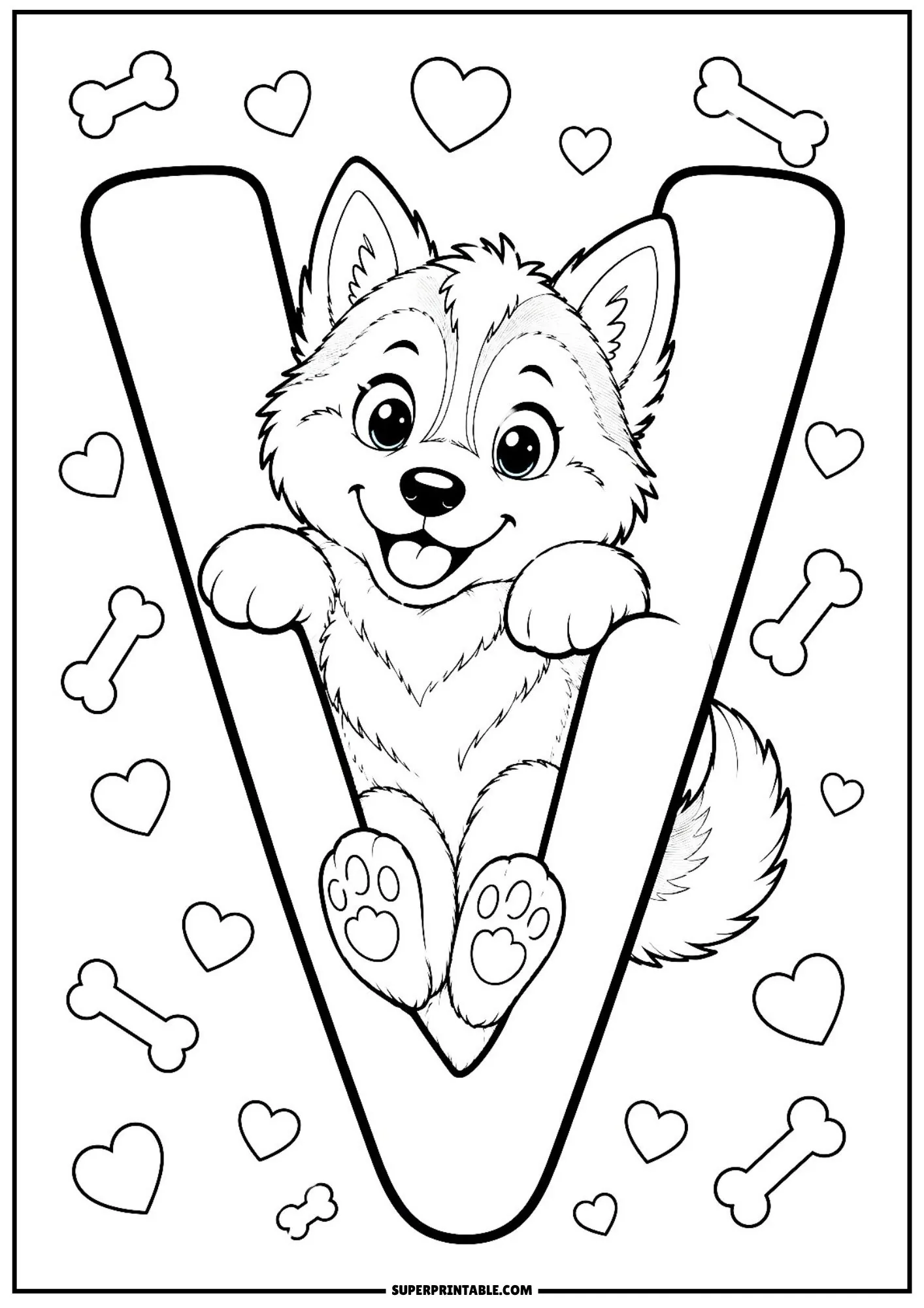 Siberian husky puppy resting inside a large letter V coloring page with hearts.