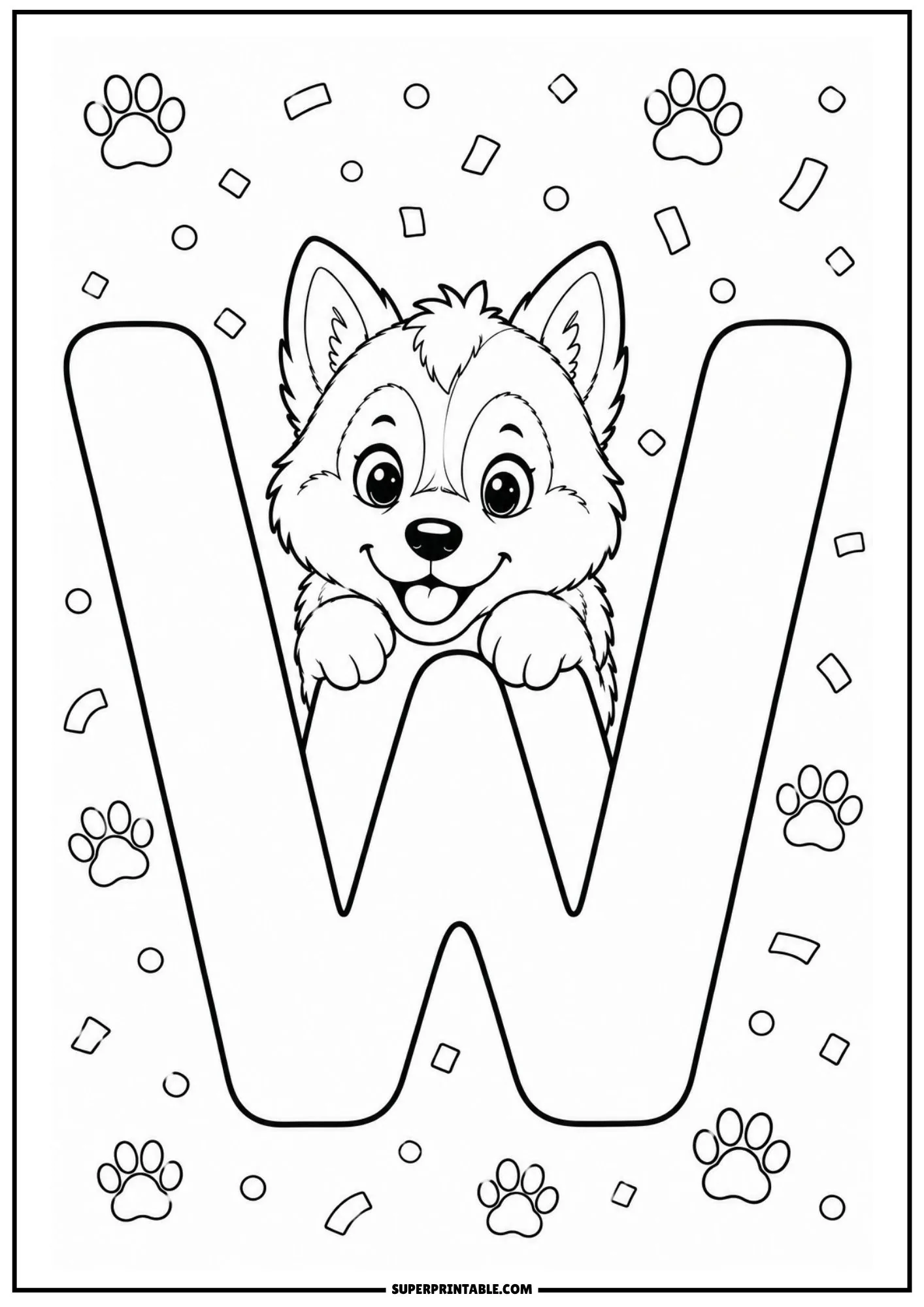 Printable line art of letter W with a Siberian husky puppy peeking over the top.