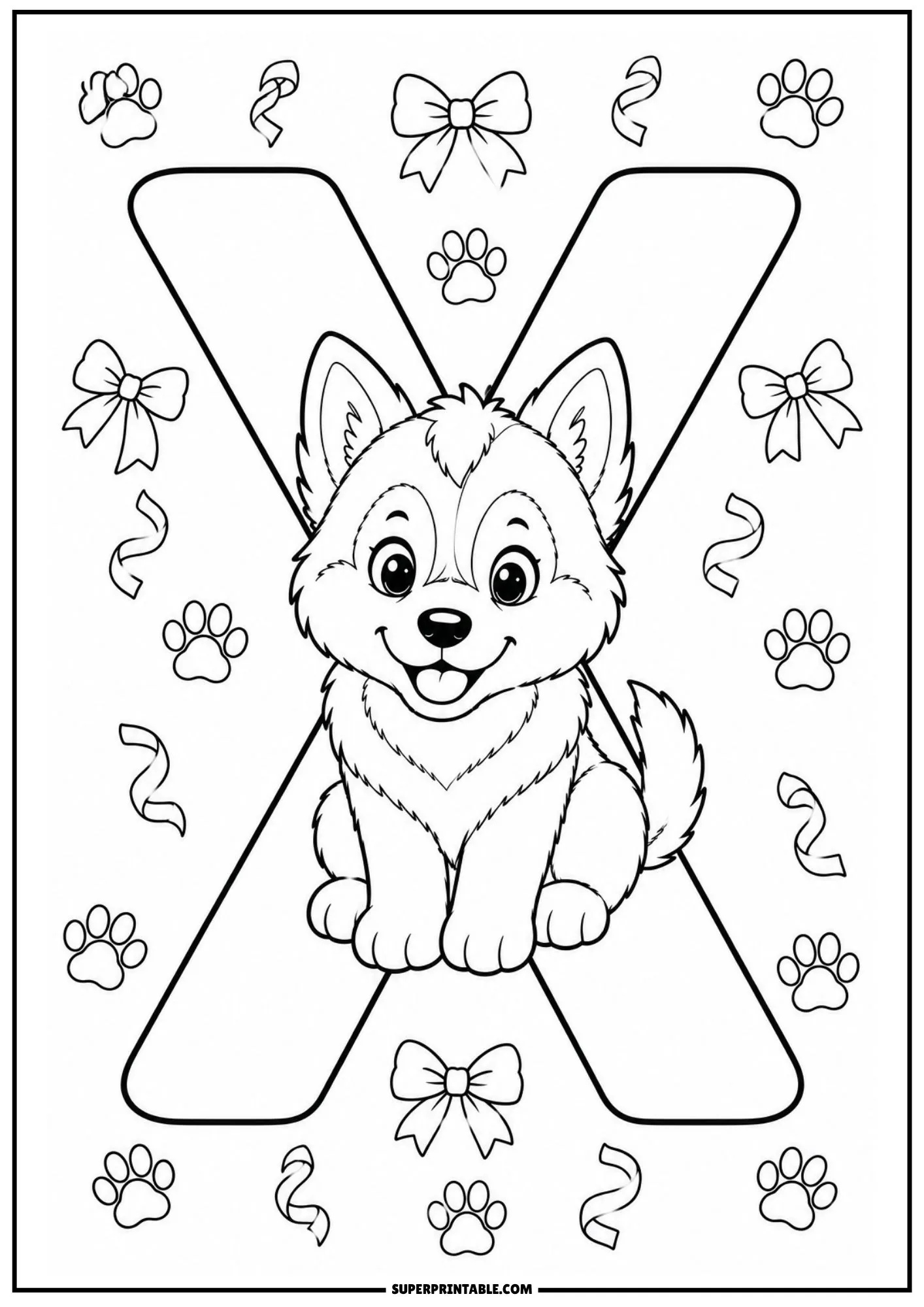 Coloring sheet of letter X with a Siberian husky puppy surrounded by bows.