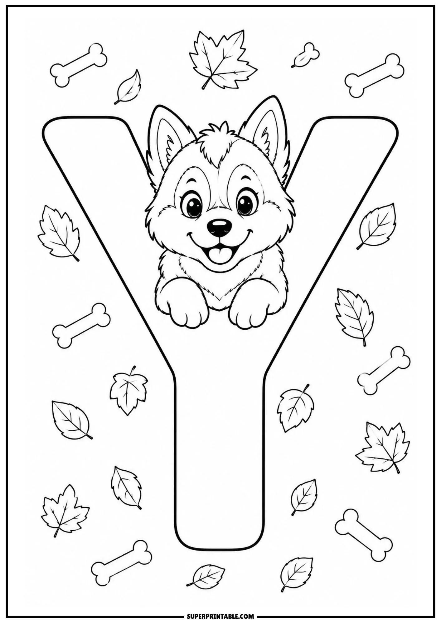 Letter Y coloring page featuring a Siberian husky puppy inside the upper fork.