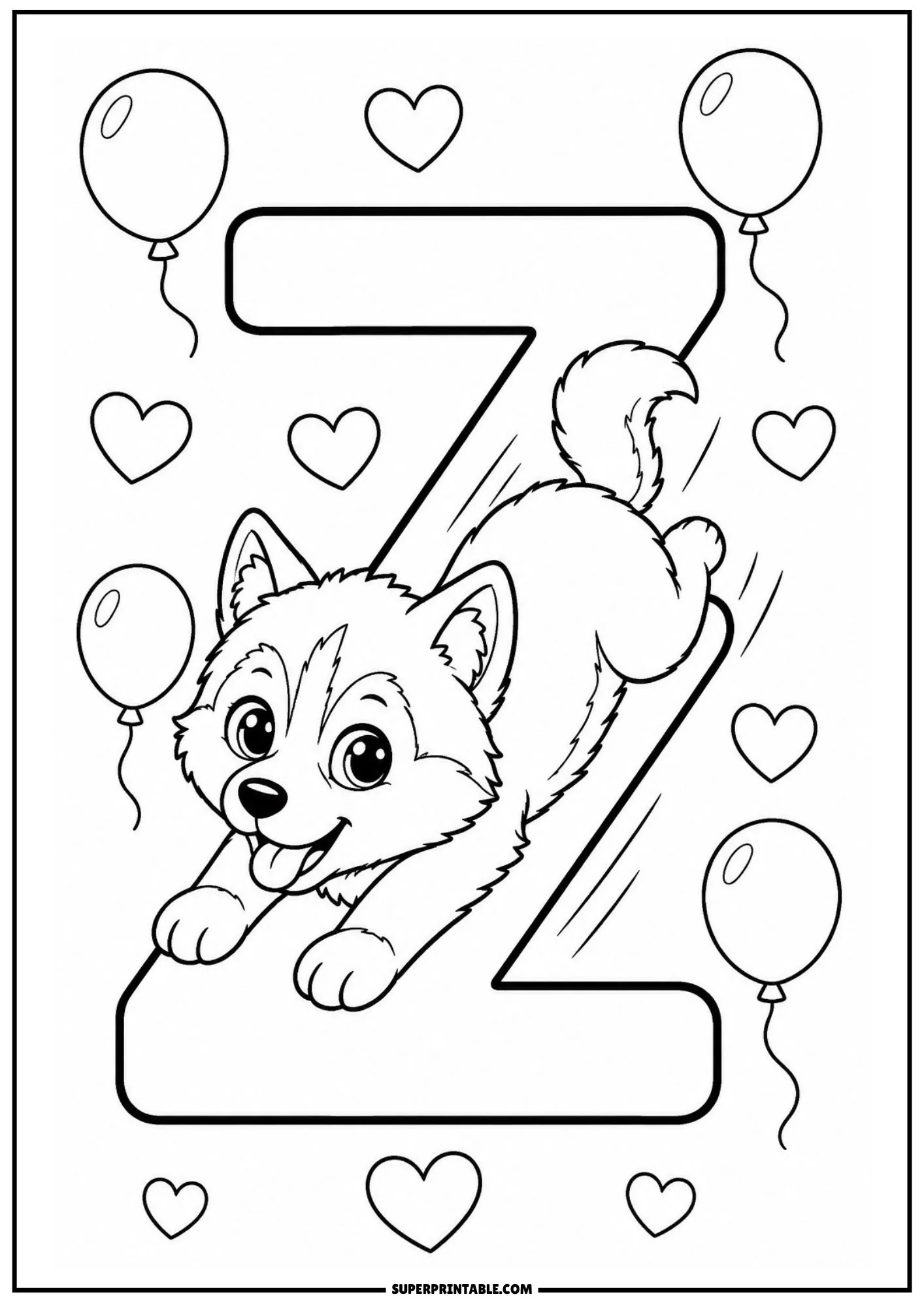 Siberian husky puppy sliding down letter Z coloring page with balloons.