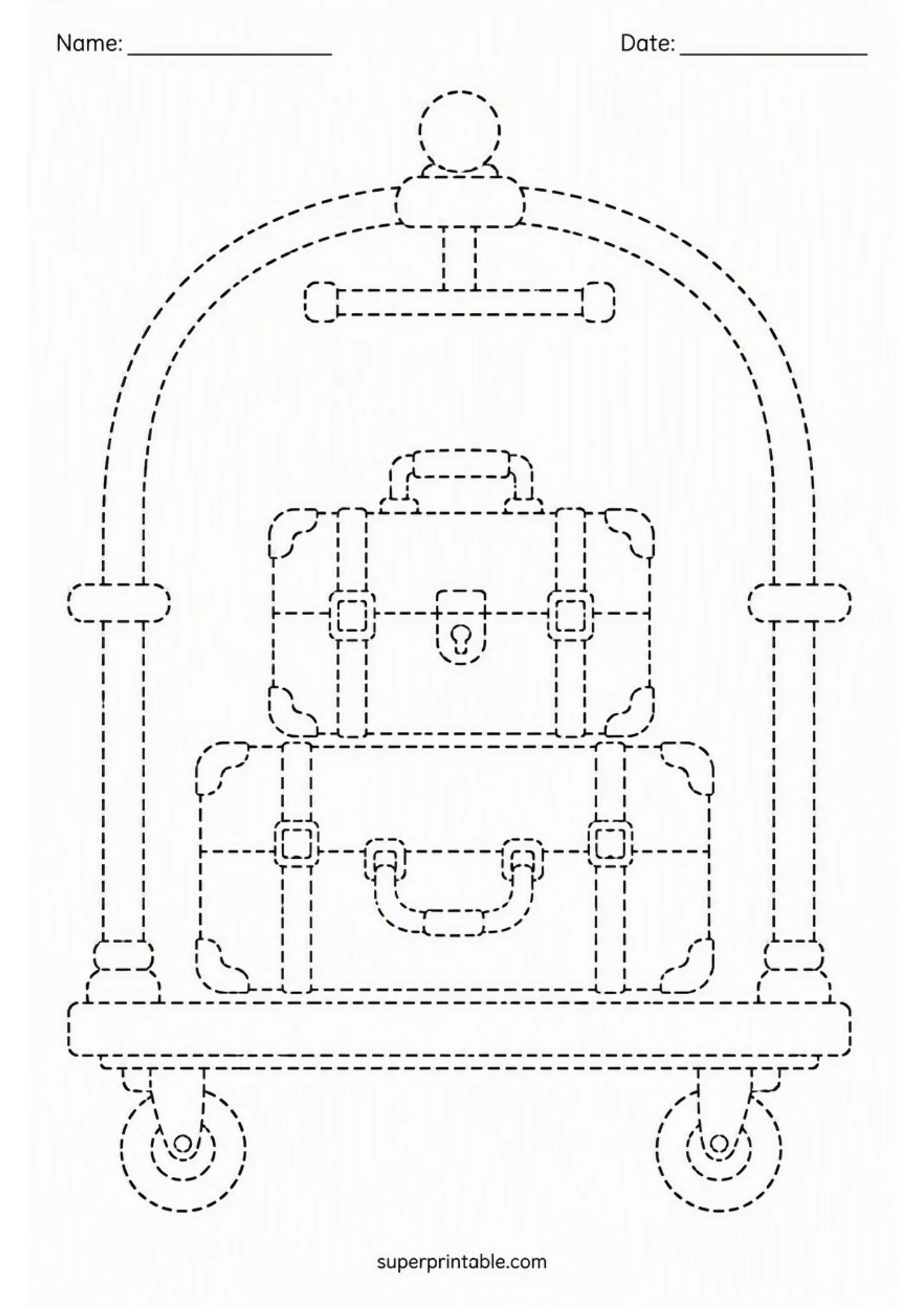 Luggage trolley and suitcases tracing page in train station activity worksheets.