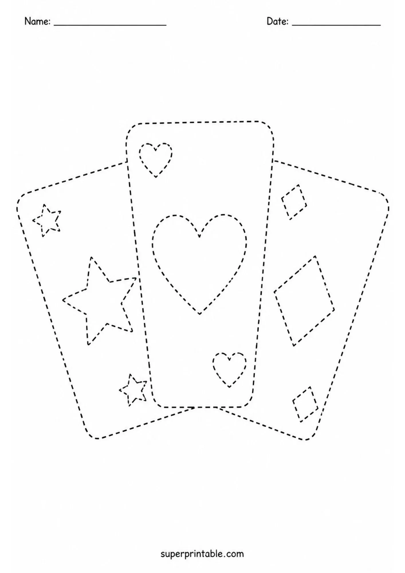 Line tracing worksheet illustrating three fanned magic playing cards with suits.