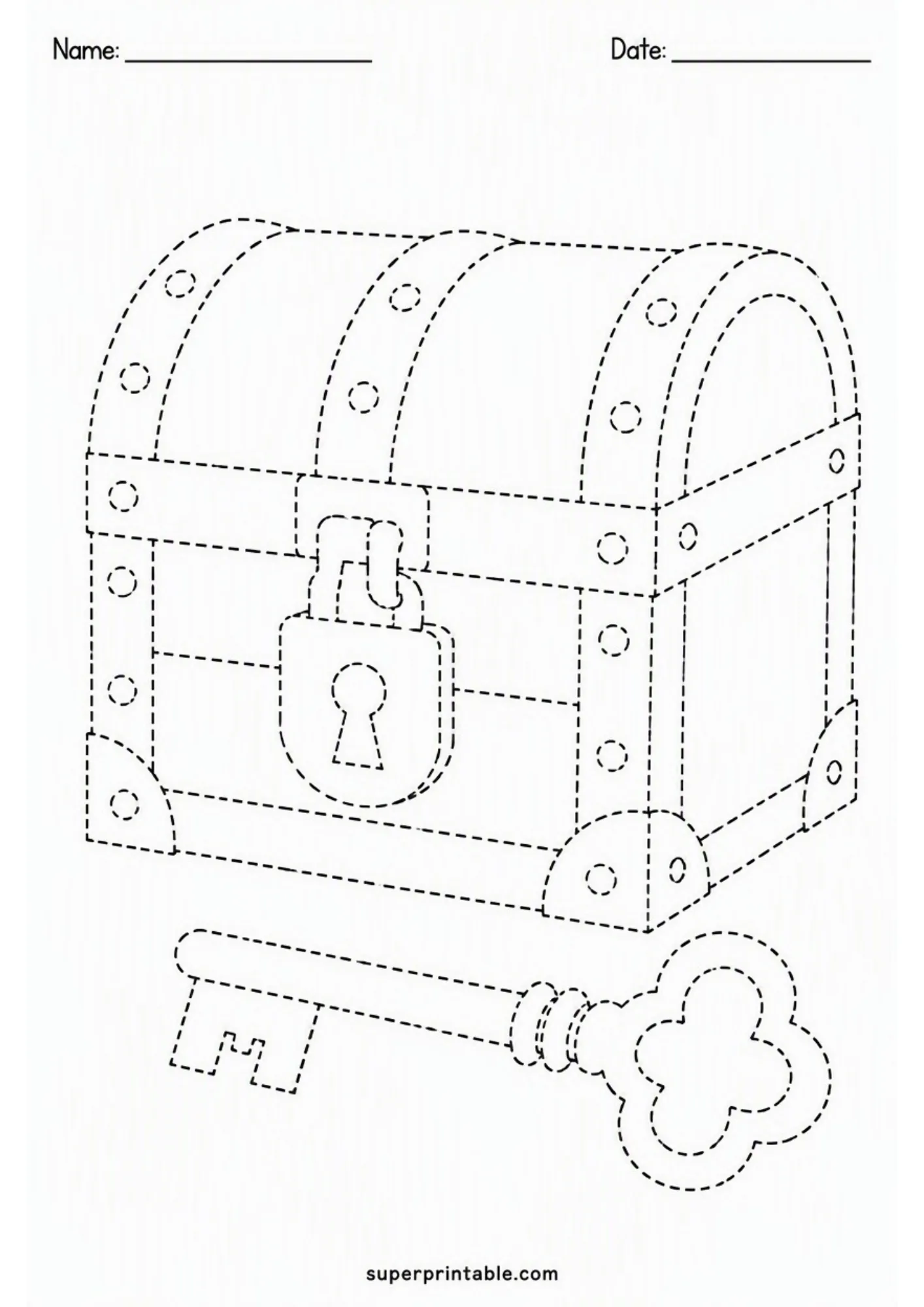 Tracing activity sheet showing a locked magic treasure chest with a big key.