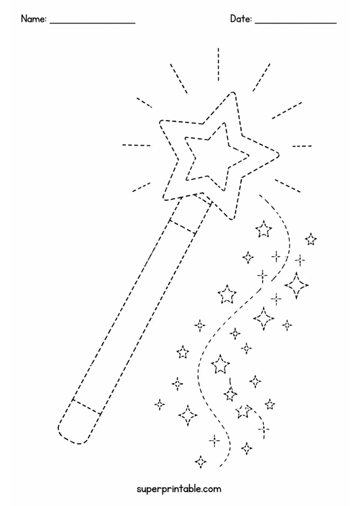 Dashed line tracing activity sheet showing a star magic wand with sparkling trail.