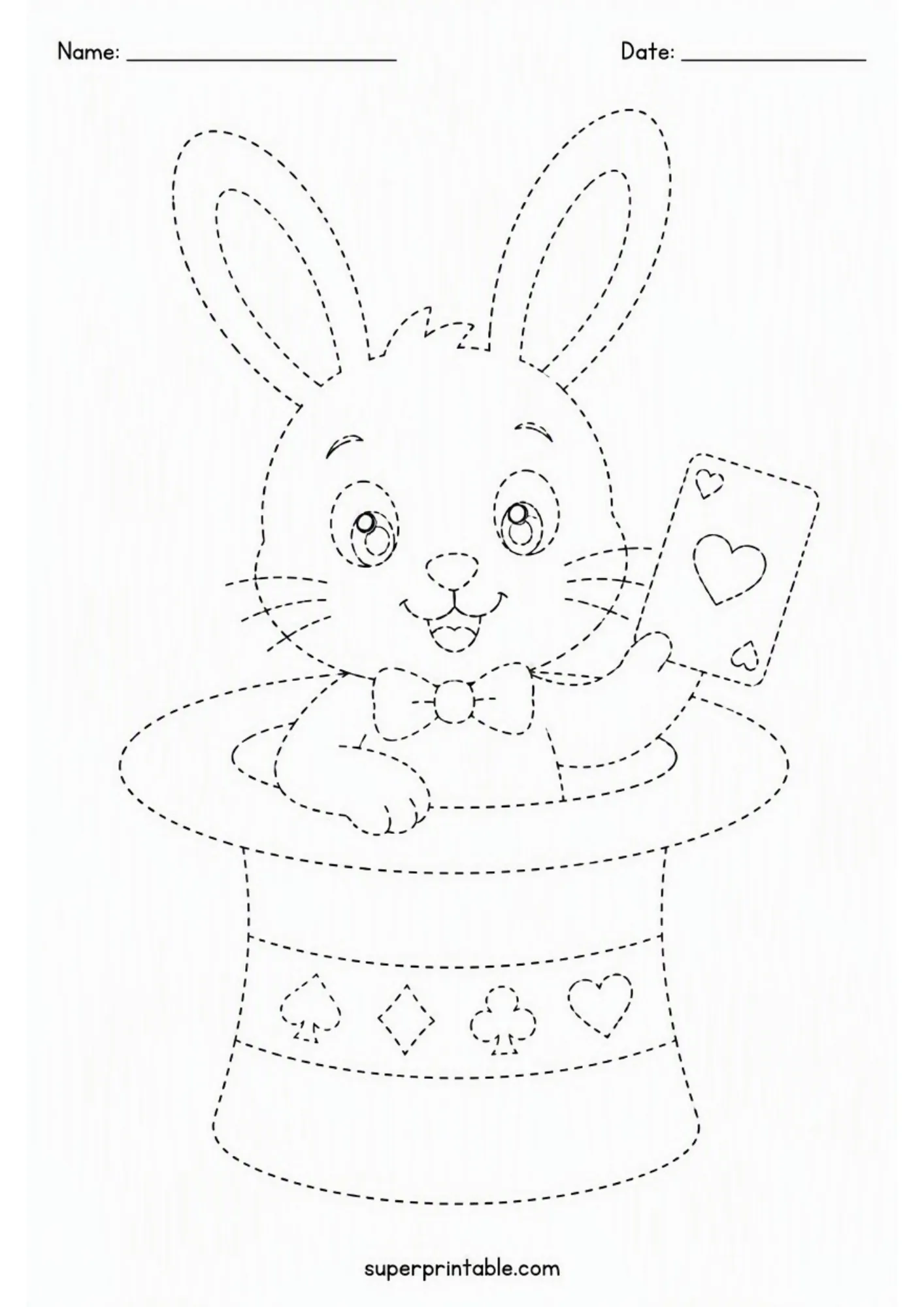 Magician bunny holding a heart playing card in a top hat magic show activity worksheet.