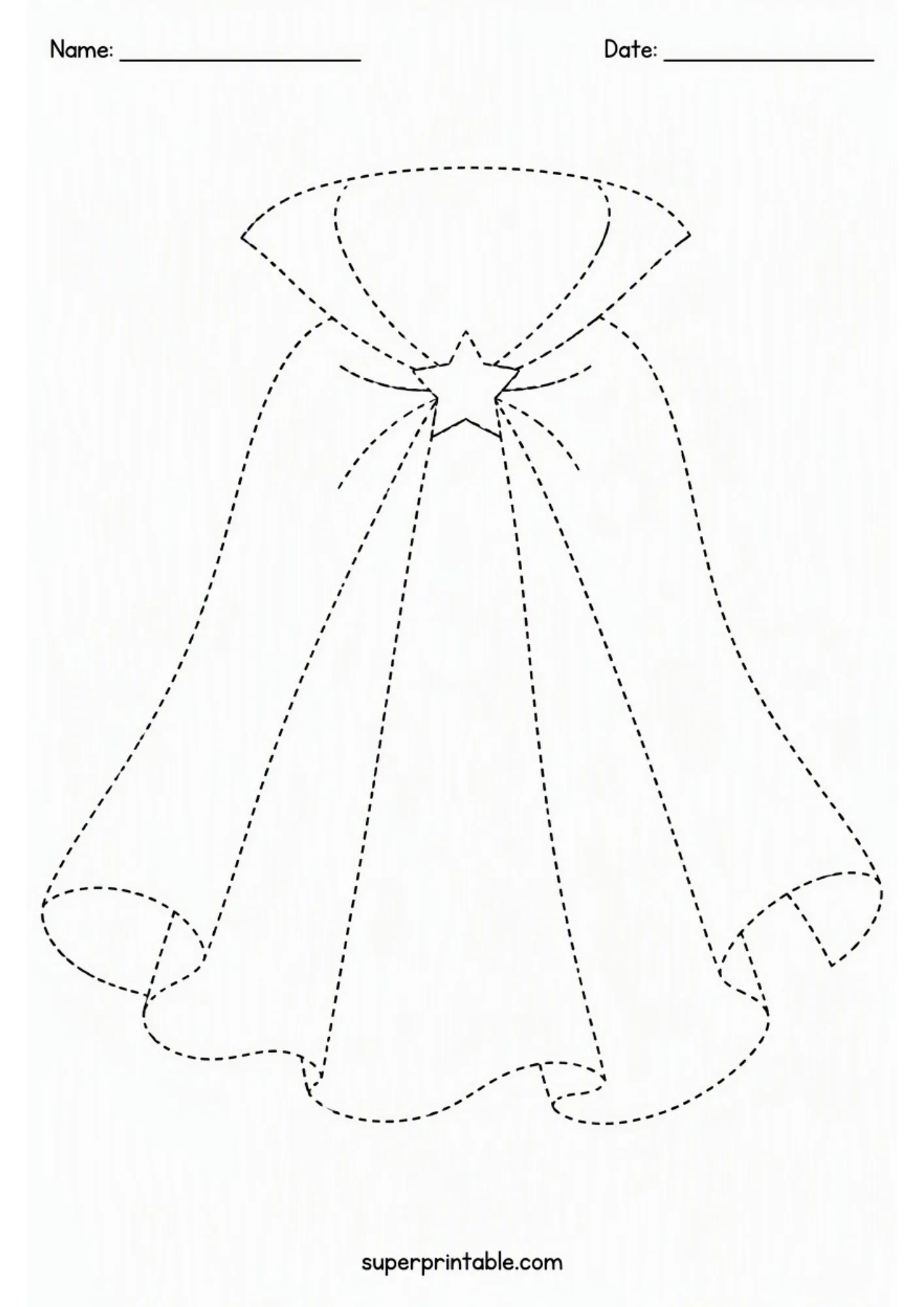 Printable dashed outline tracing worksheet of a flowing magician cape with star fastener.