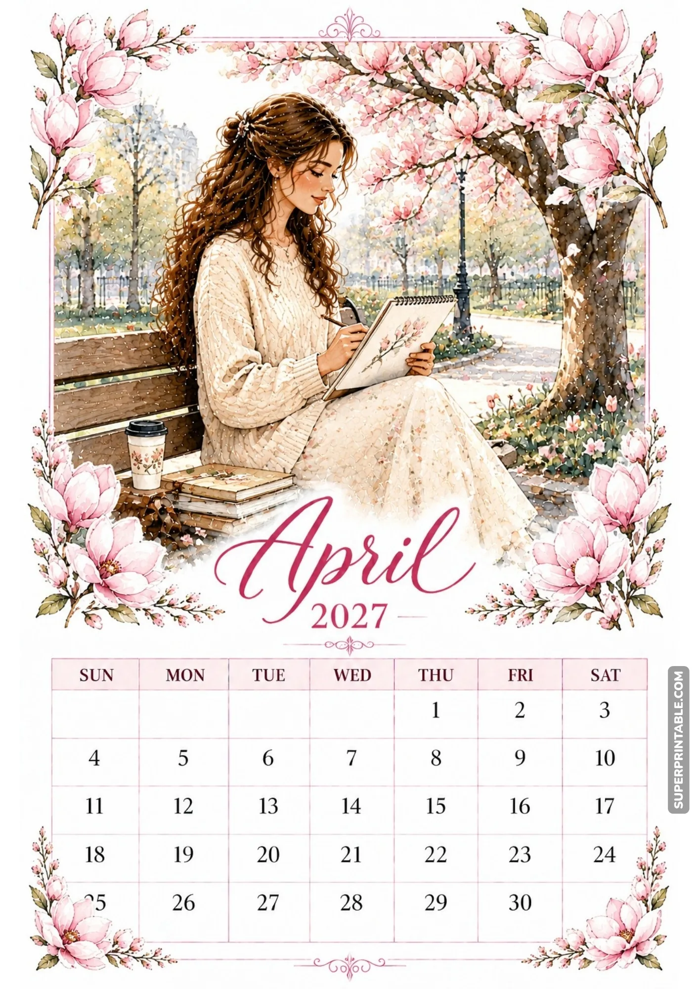 Woman drawing in a sketchbook while sitting on a park bench under a large magnolia tree.