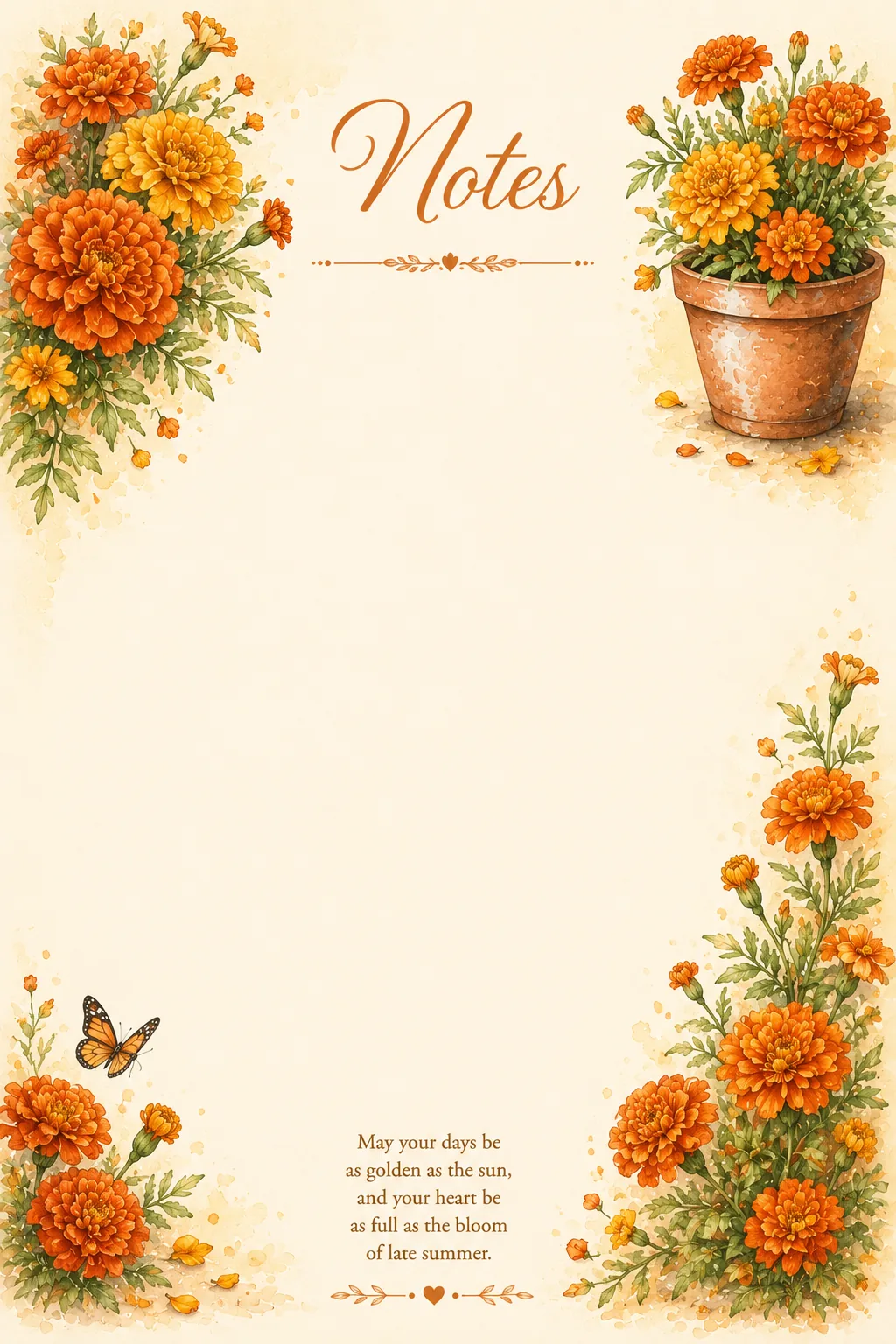 Orange marigold flowers in garden pots decorating a printable stationery sheet.