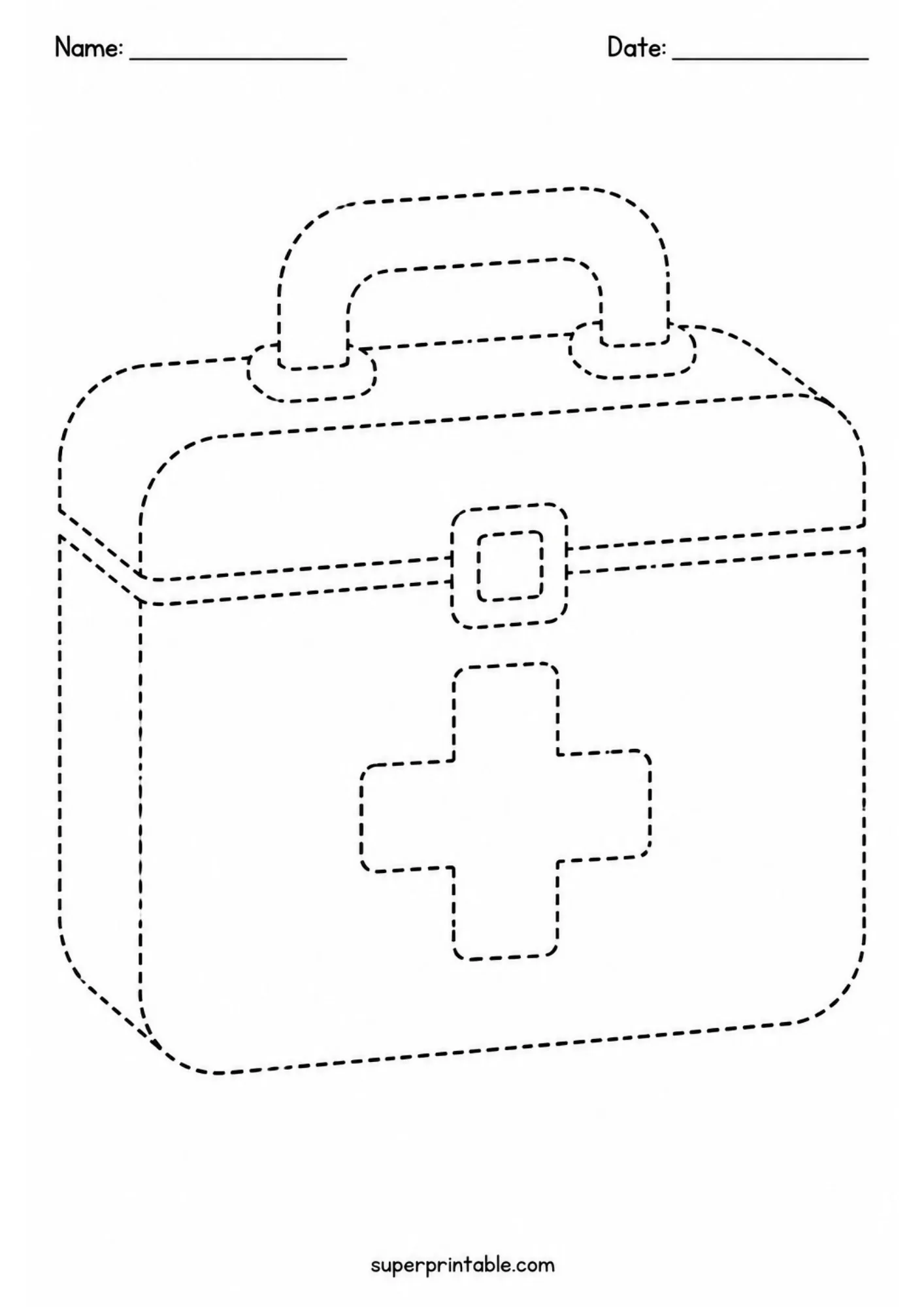 Dotted line tracing page featuring a medical first aid kit box with a cross symbol for toddlers.