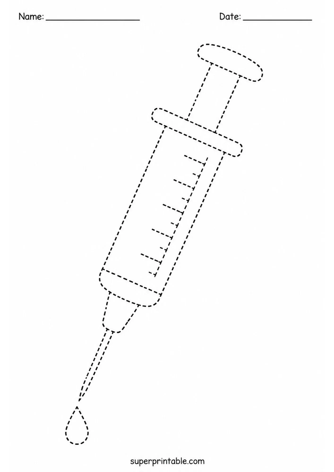 Preschool tracing worksheet with a medical syringe outline and liquid droplet detail.