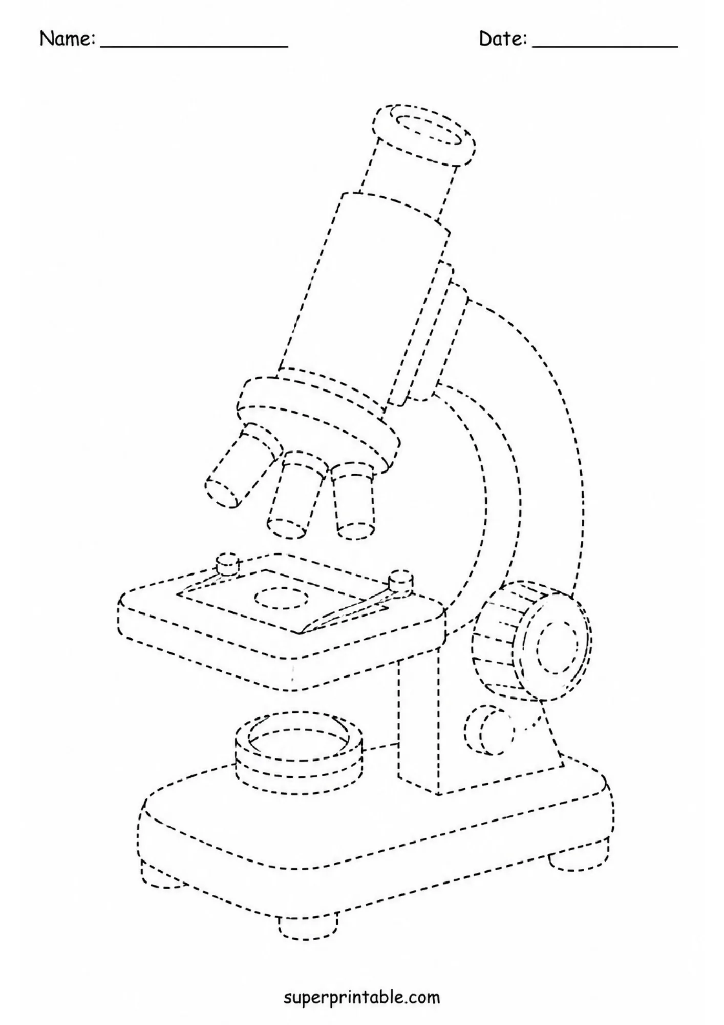 Tracing worksheet of a compound microscope with dashed line outlines for fine motor practice.