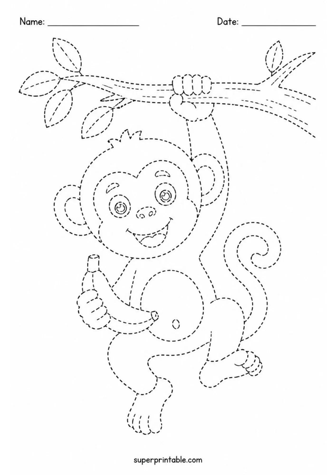 Playful monkey hanging from a branch holding a banana line tracing worksheet.