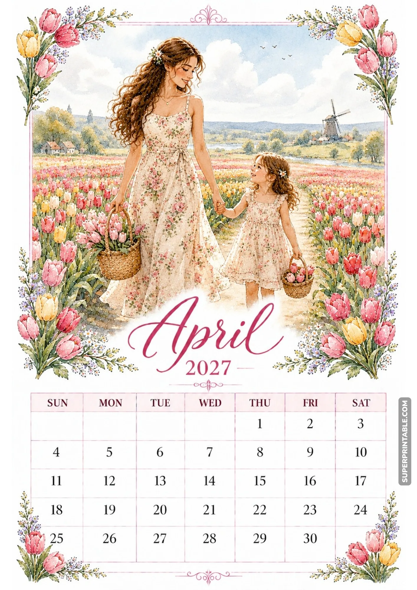 Mother and little daughter walking hand in hand through a pink tulip field with woven baskets.
