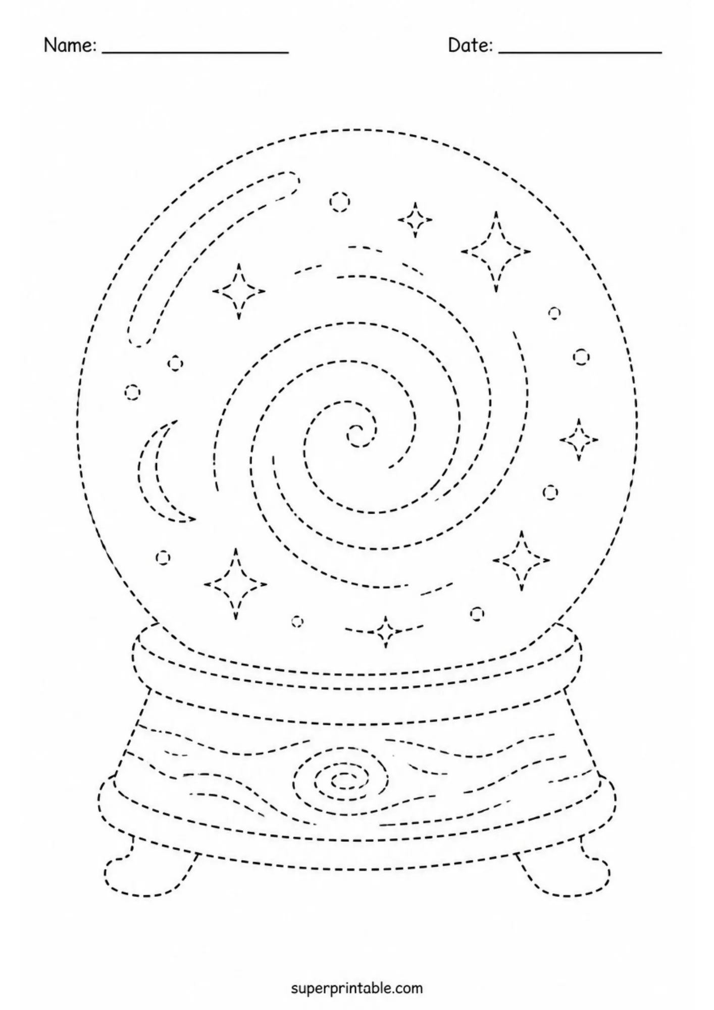 Crystal ball with swirling galaxy patterns magic show activity worksheet for tracing practice.