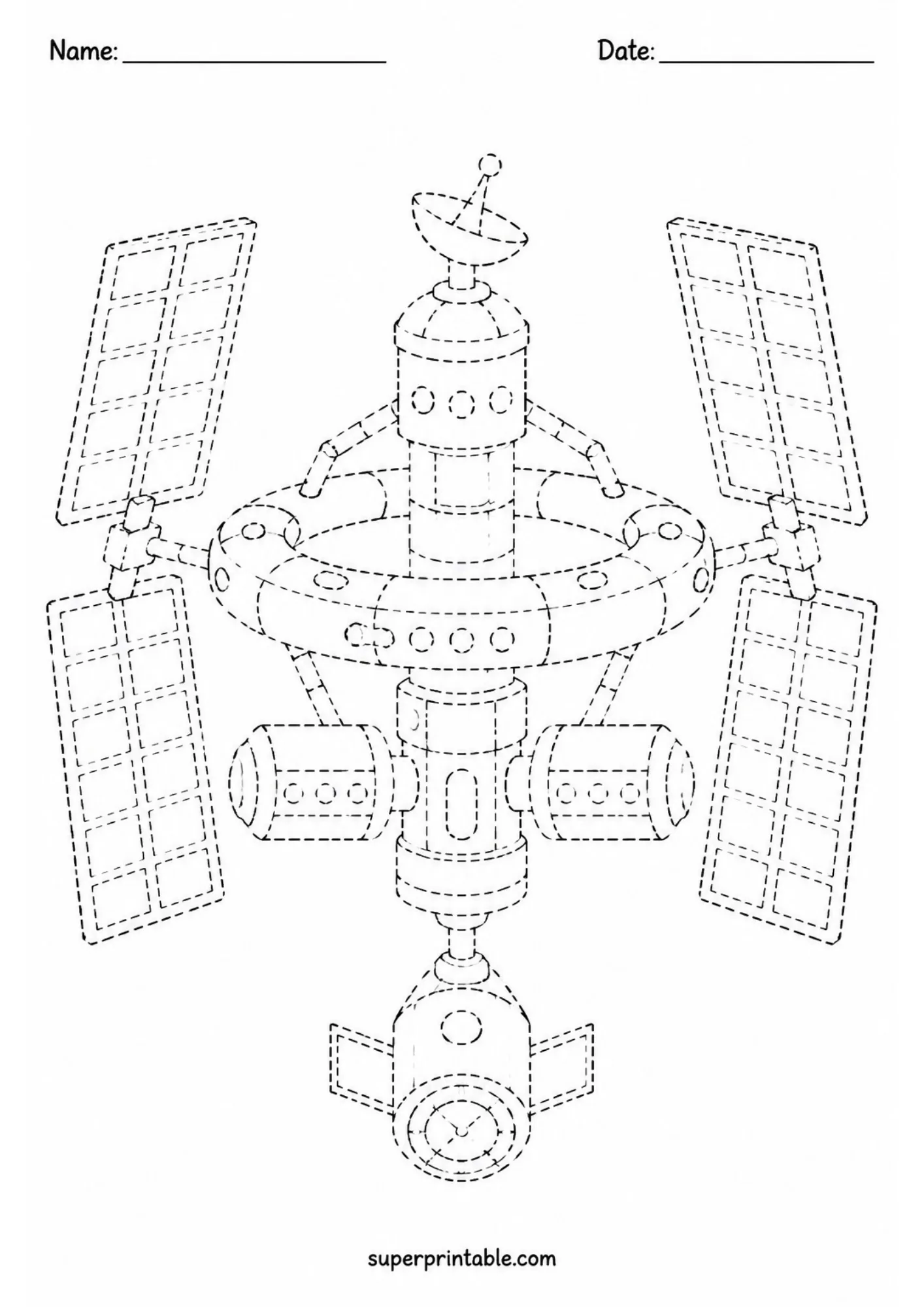 Detailed orbital space station with solar arrays line tracing activity worksheet.