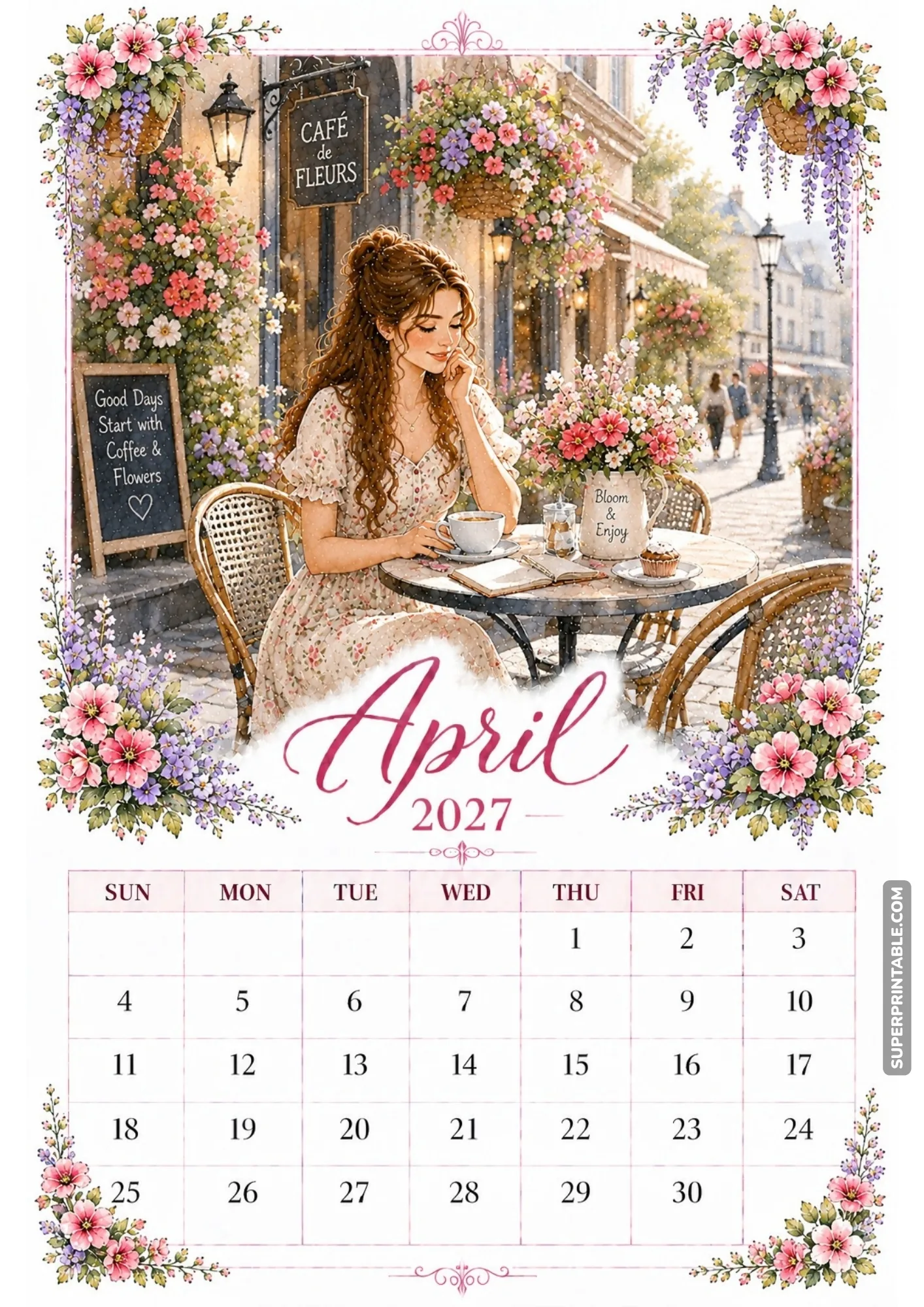 Woman enjoying coffee and a book at an outdoor sidewalk cafe table adorned with flowers.