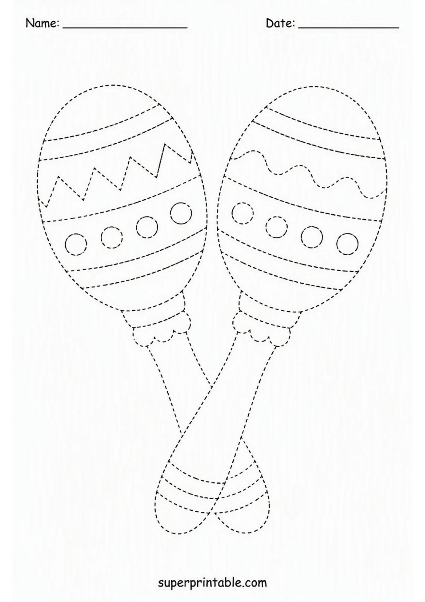 Tracing activity sheet illustrating a pair of patterned percussion maracas.