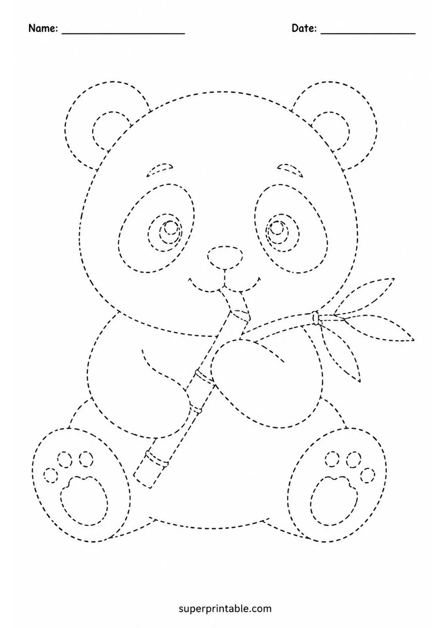 Zoo animals activity worksheets featuring panda holding bamboo line tracing page.