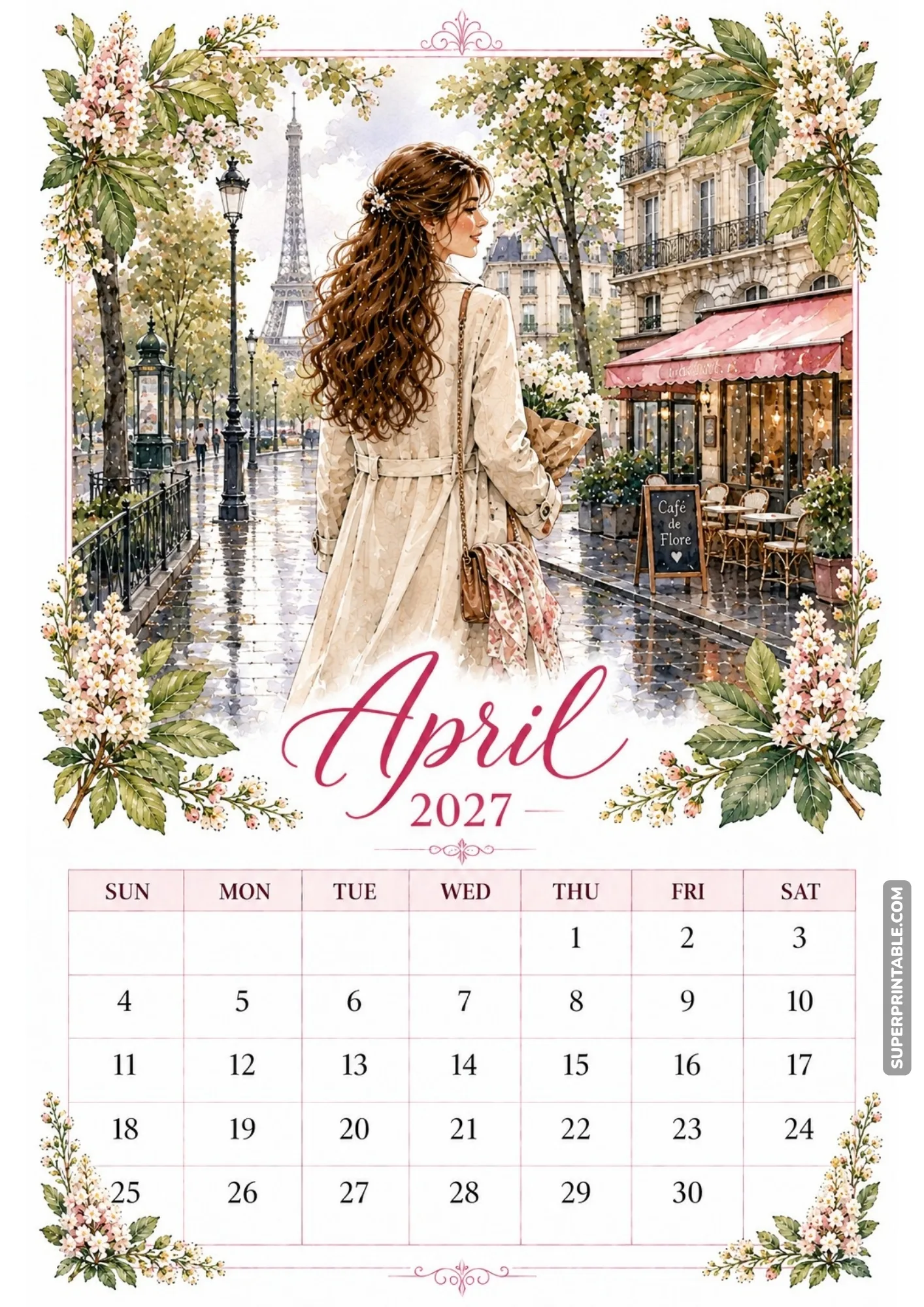 Woman walking past a charming Parisian cafe with the Eiffel Tower visible in the background.