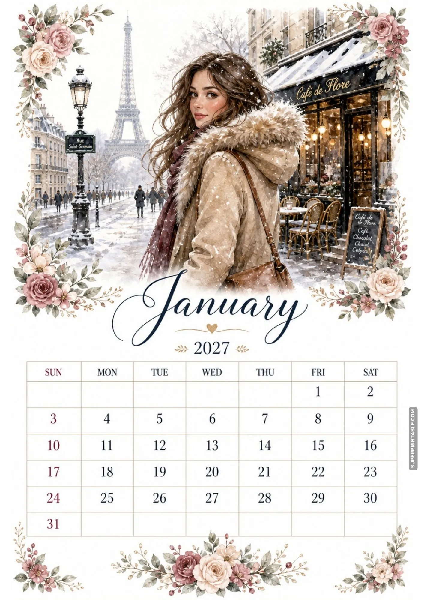 January 2027 calendar sheet featuring a woman in a winter coat standing by a Paris street café in the snow