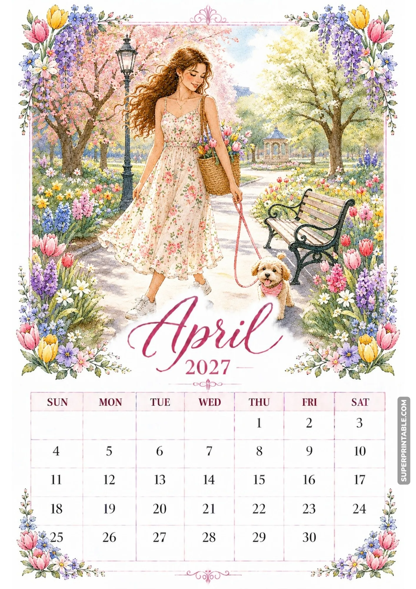 Woman walking a cute fluffy dog on a leash along a park pathway lined with colorful spring flowers.