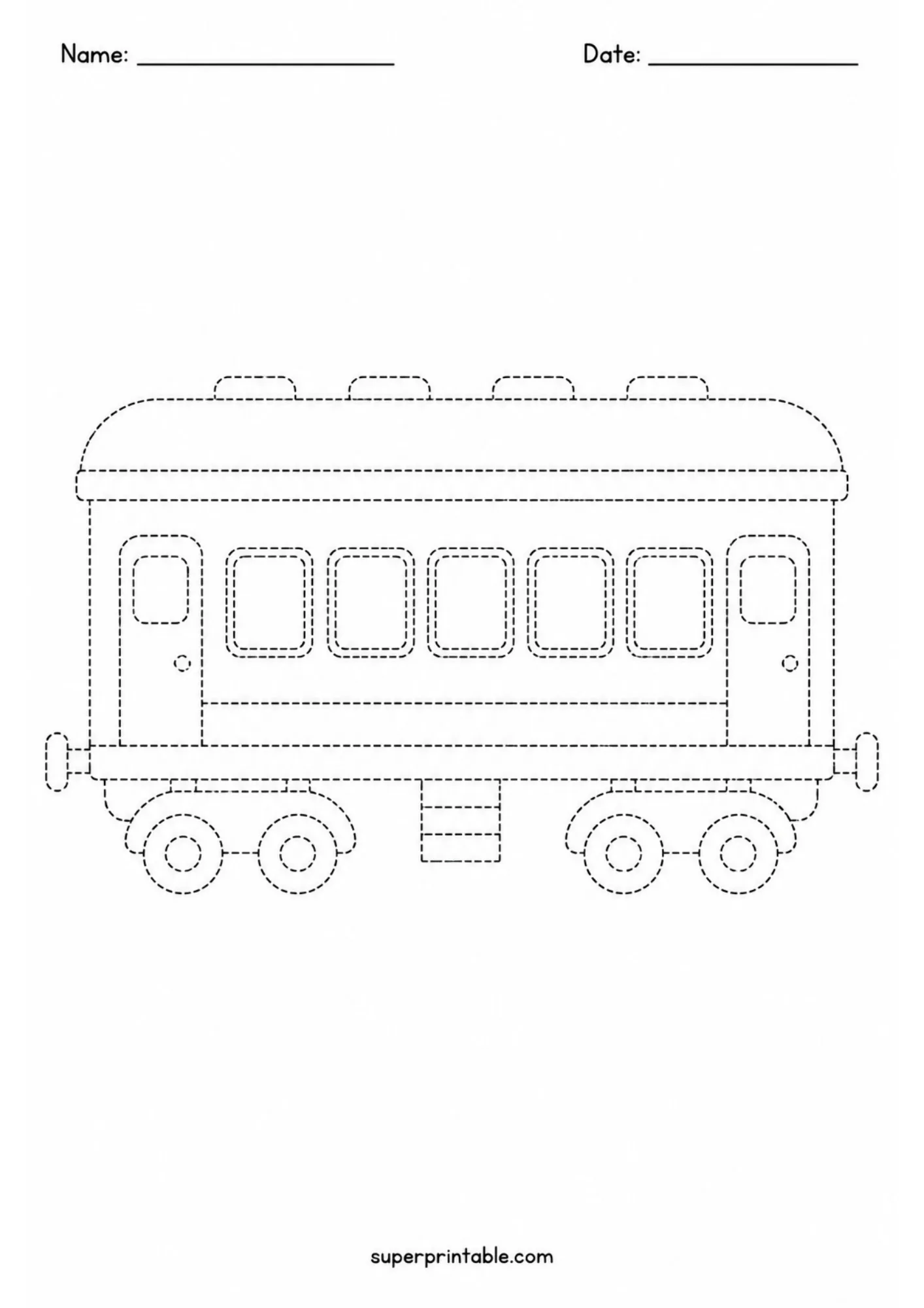 Dashed line tracing worksheet of a passenger train car for young kids.