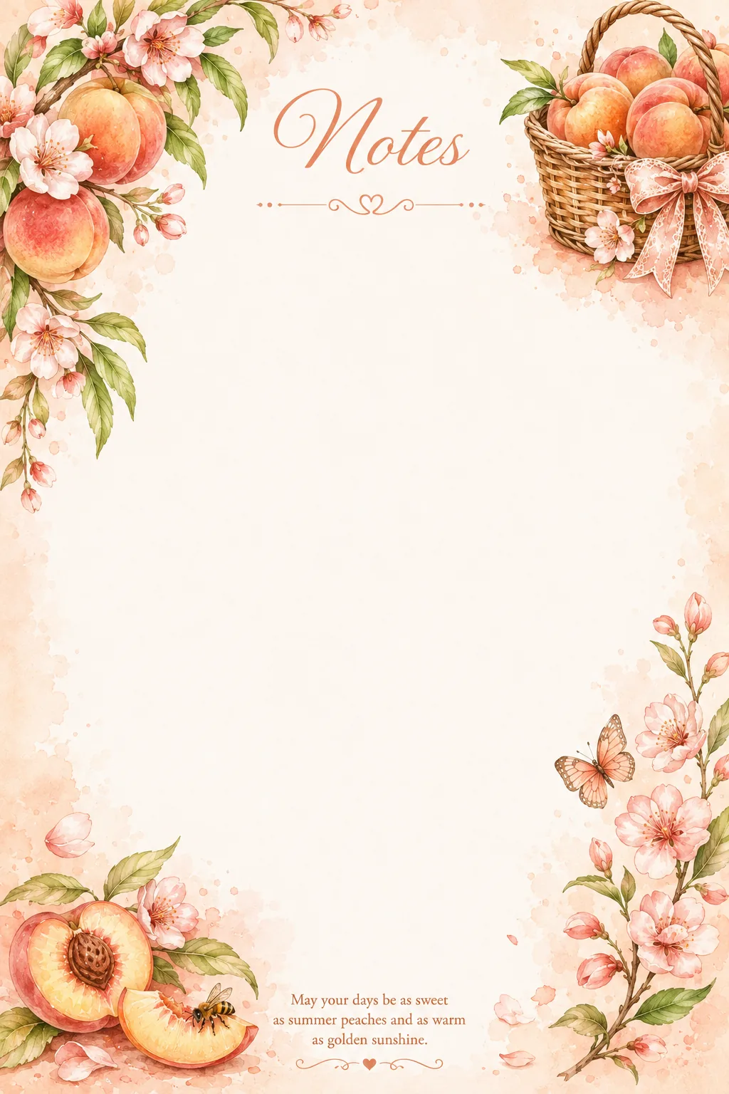 Peaches, peach blossoms, butterfly and basket decorating an elegant printable notes page.