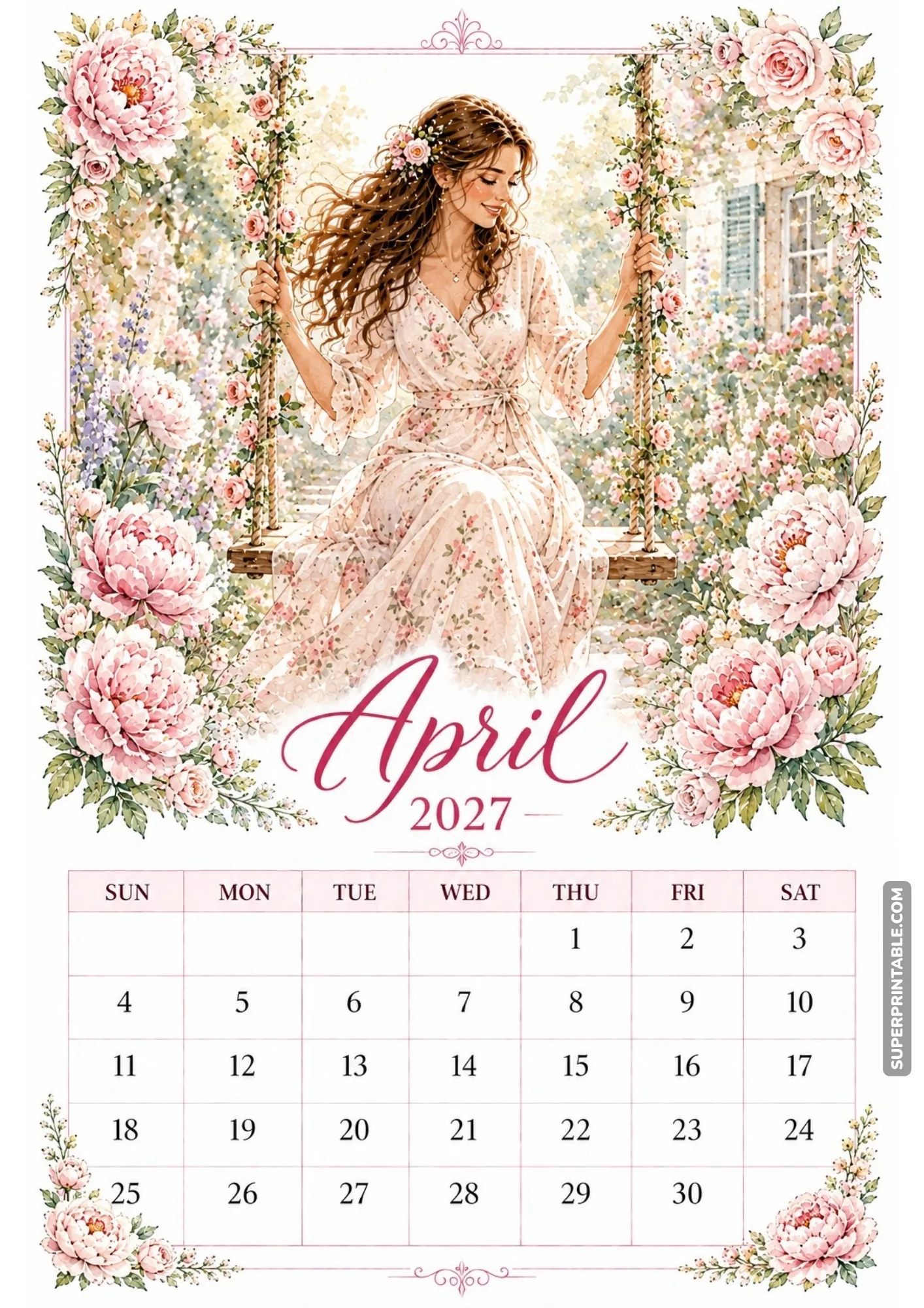 Woman sitting on a flower-adorned wooden swing surrounded by lush pink peonies in full bloom.