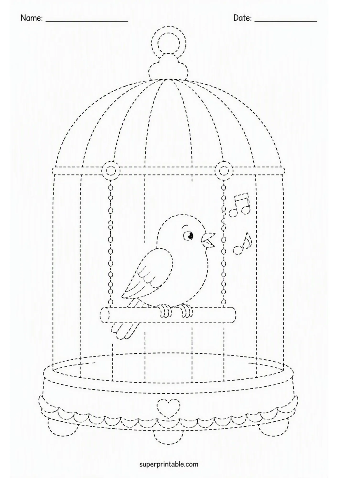 Pet bird singing on a swing inside a decorative birdcage line tracing activity page.