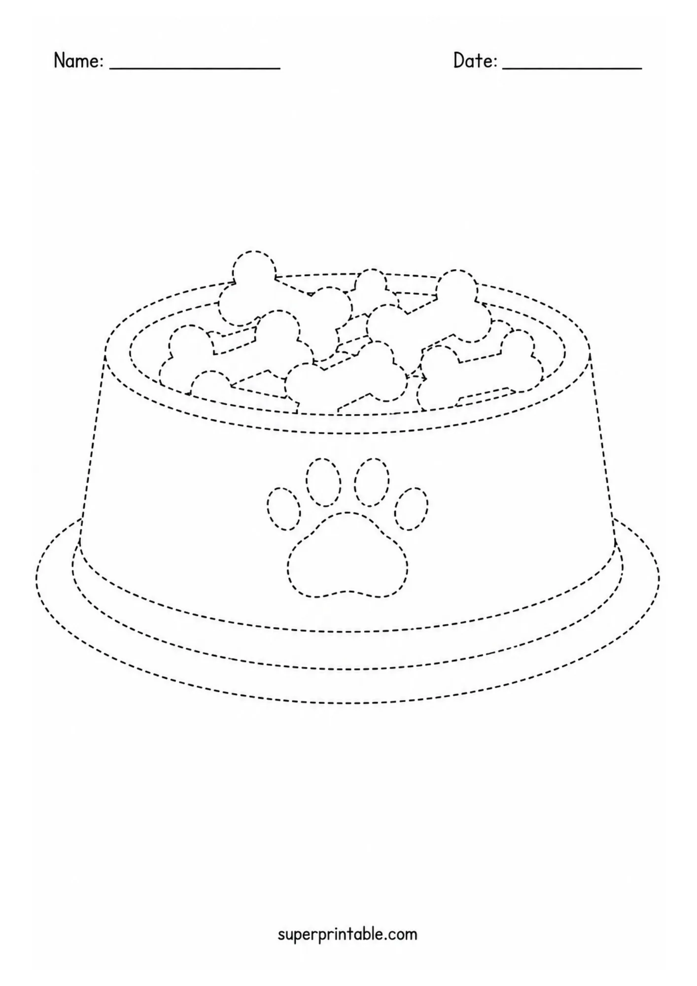 Pet food bowl filled with tasty dog bones tracing activity worksheet for young children.