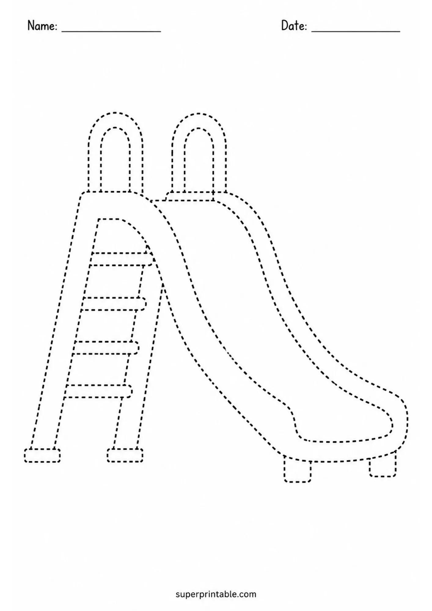 Simple line tracing activity sheet of a tall playground slide with ladder and handles.