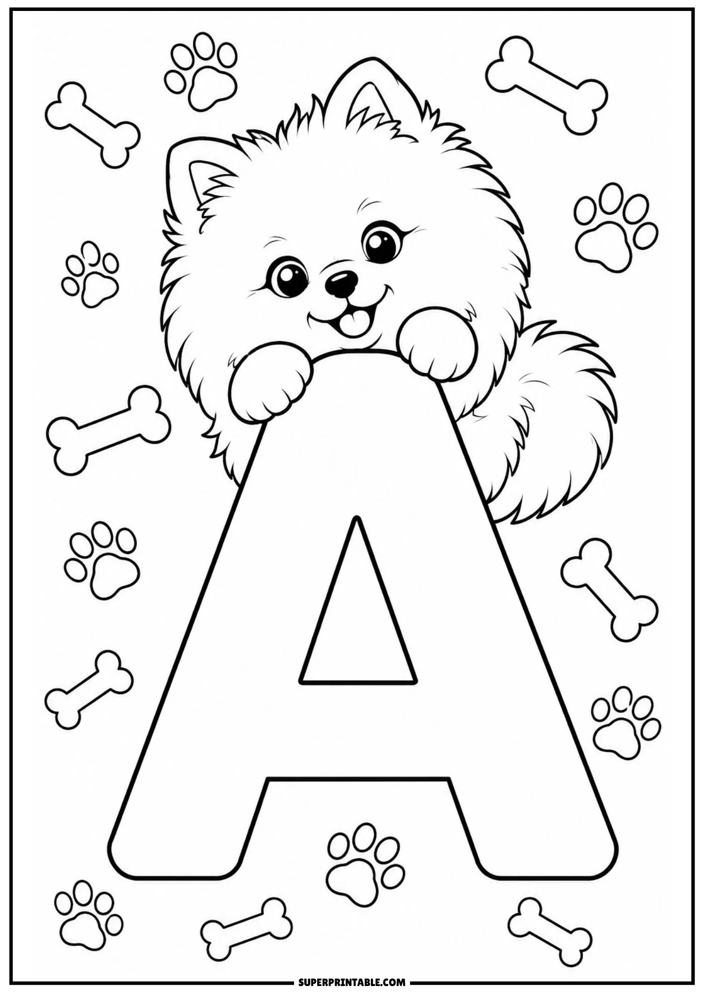 Pomeranian alphabet coloring pages featuring letter A with a fluffy puppy.