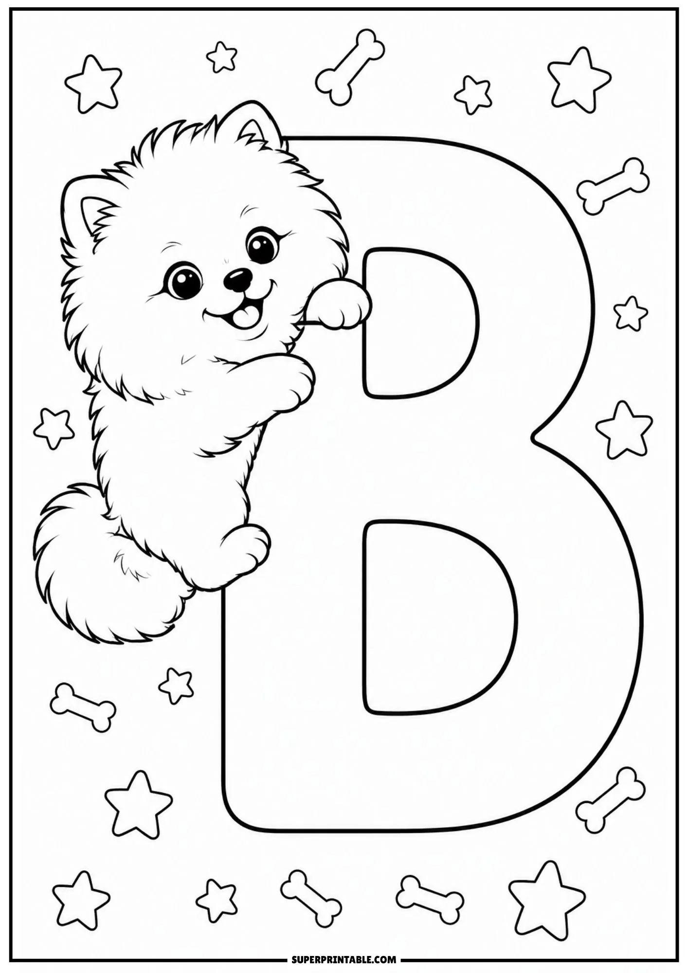 Cute Pomeranian dog standing next to a large capital letter B coloring sheet.