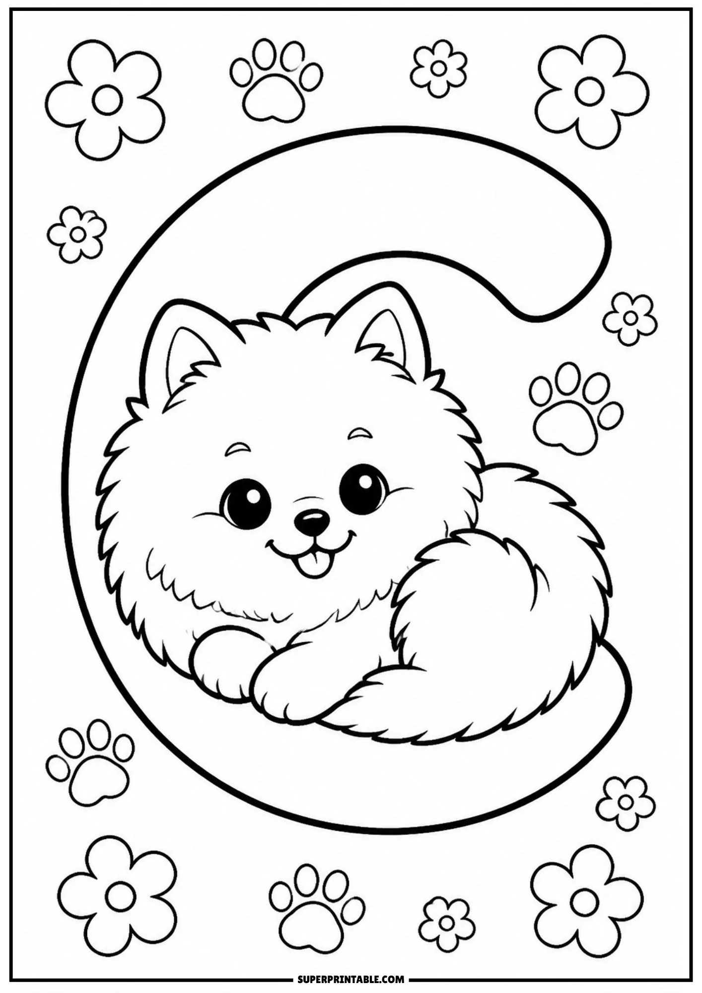 Adorable Pomeranian puppy resting inside a curved letter C line drawing.
