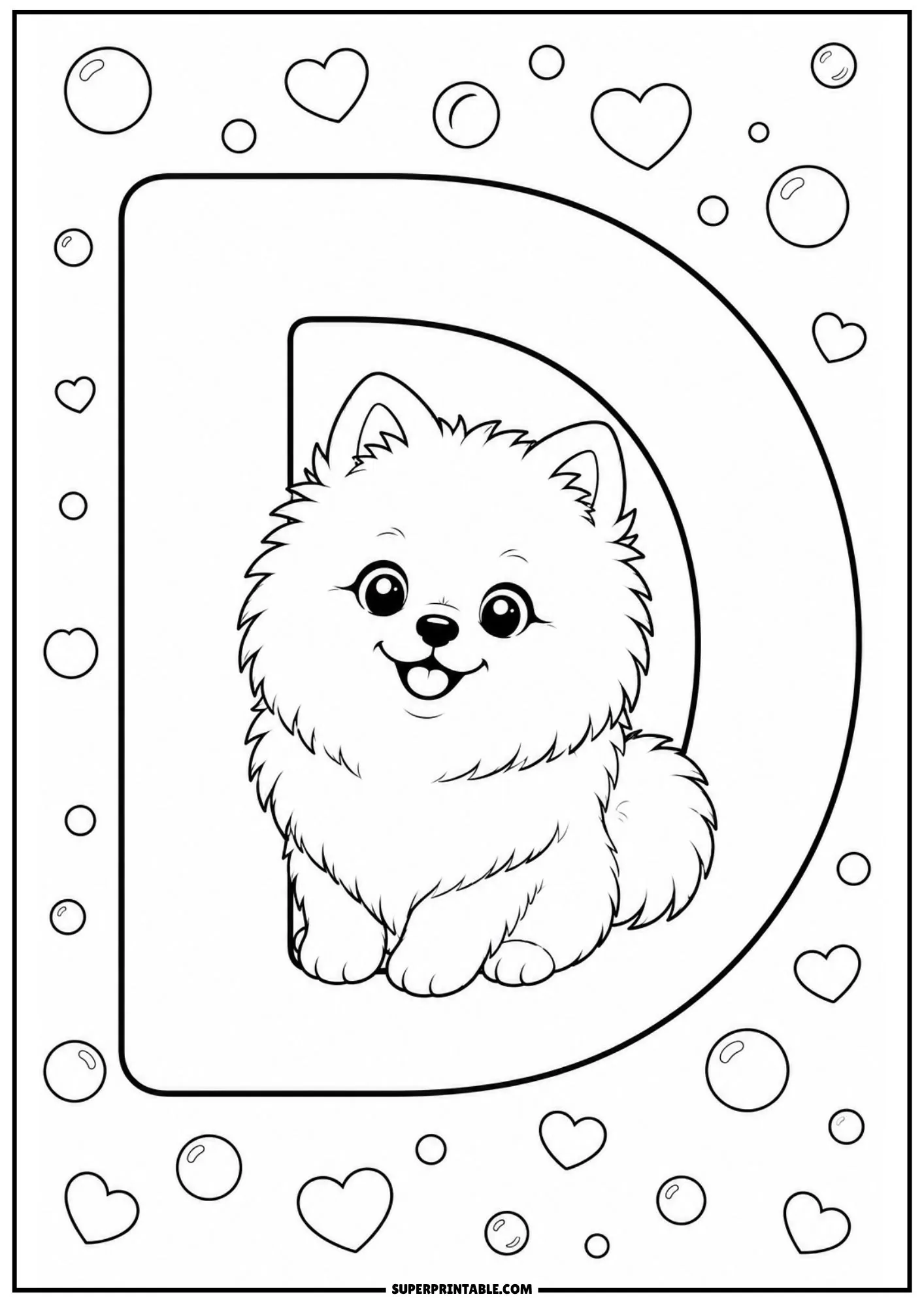 Fluffy Pomeranian sitting inside a big capital letter D surrounded by hearts.