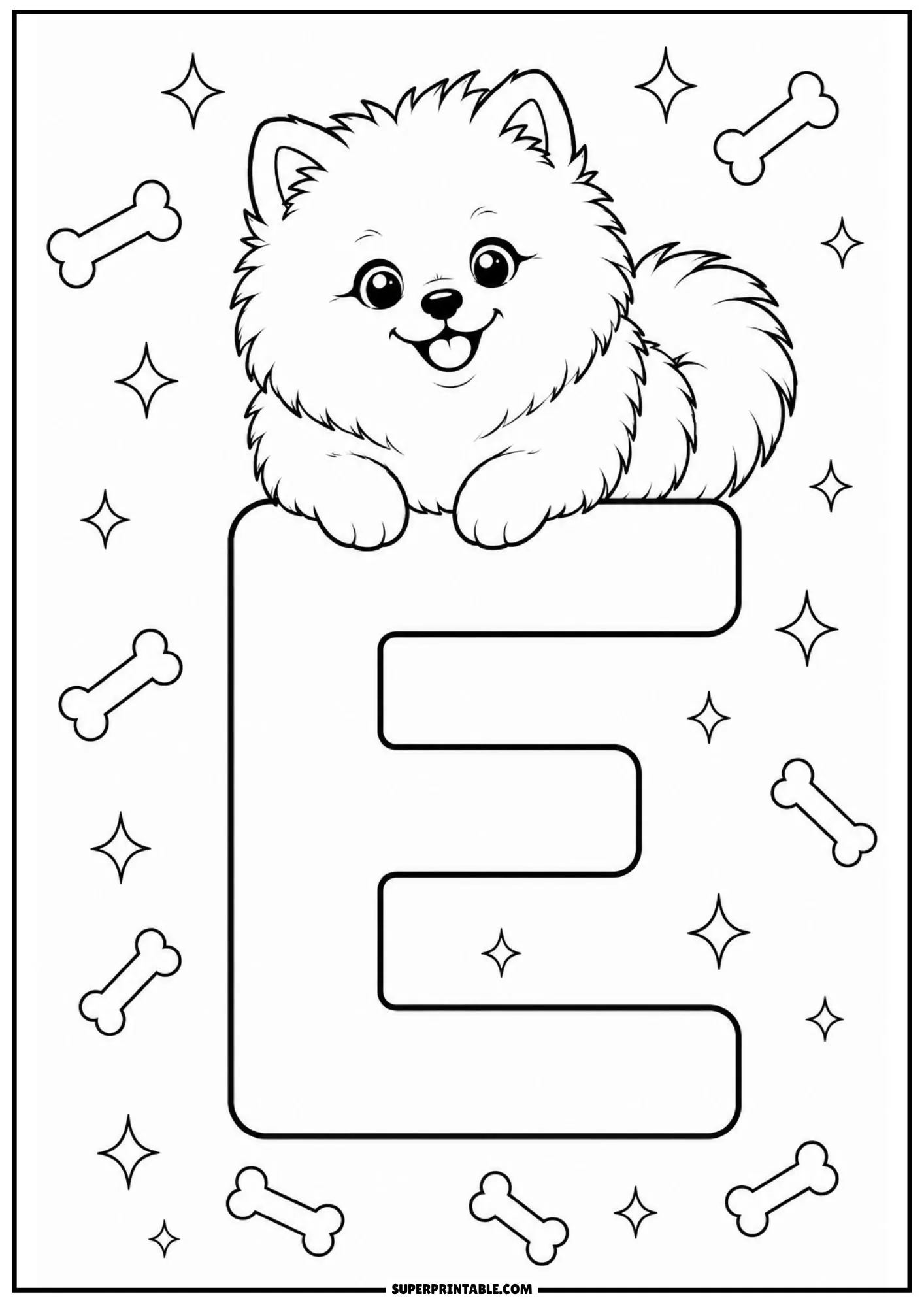 Joyful Pomeranian dog lying atop a block letter E line illustration.